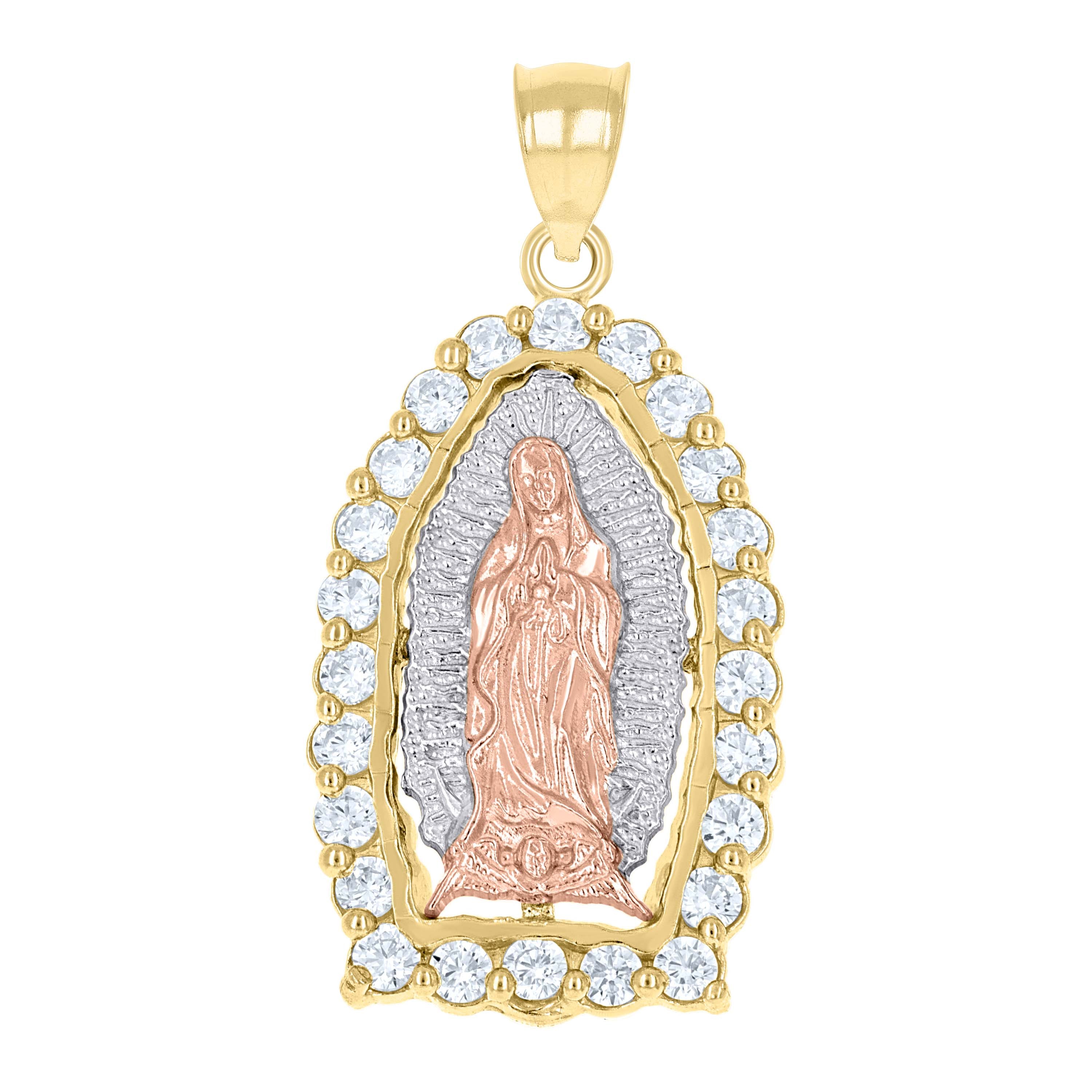 14Kt Gold Unisex Tri-Color Cz Guadalupe Mary Religious Ht:32.8Mm Pendant Charm
