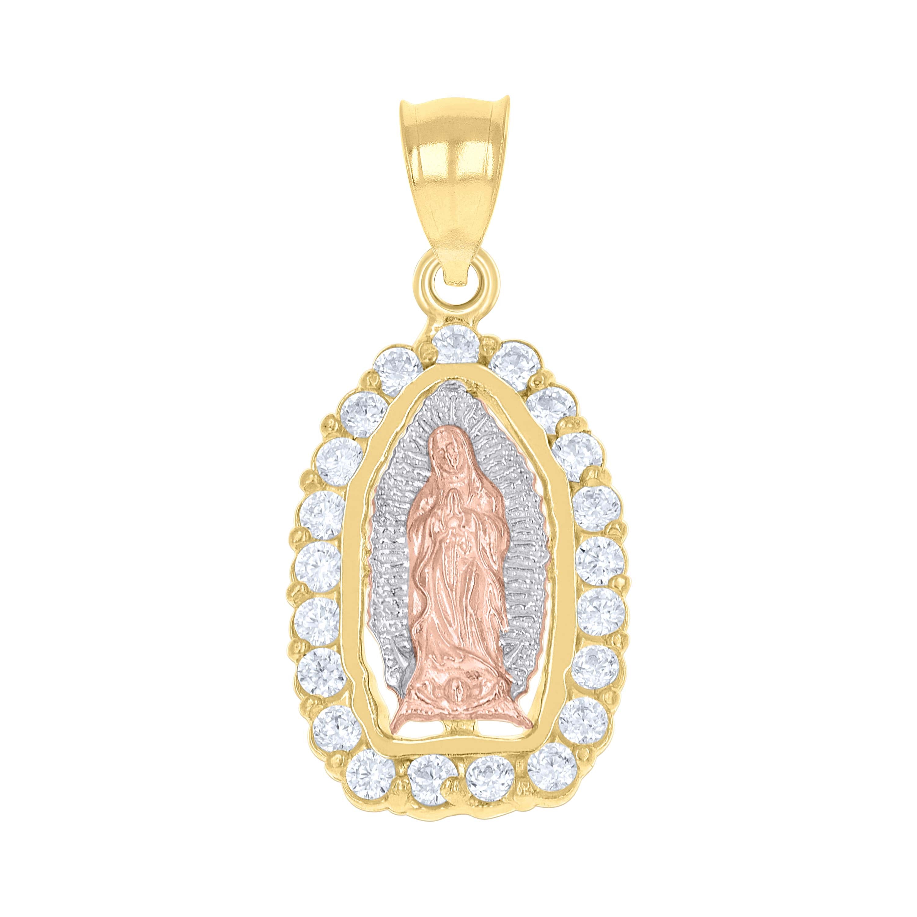 14Kt Gold Unisex Tri-Color Cz Guadalupe Mary Religious Ht:25.5Mm Pendant Charm