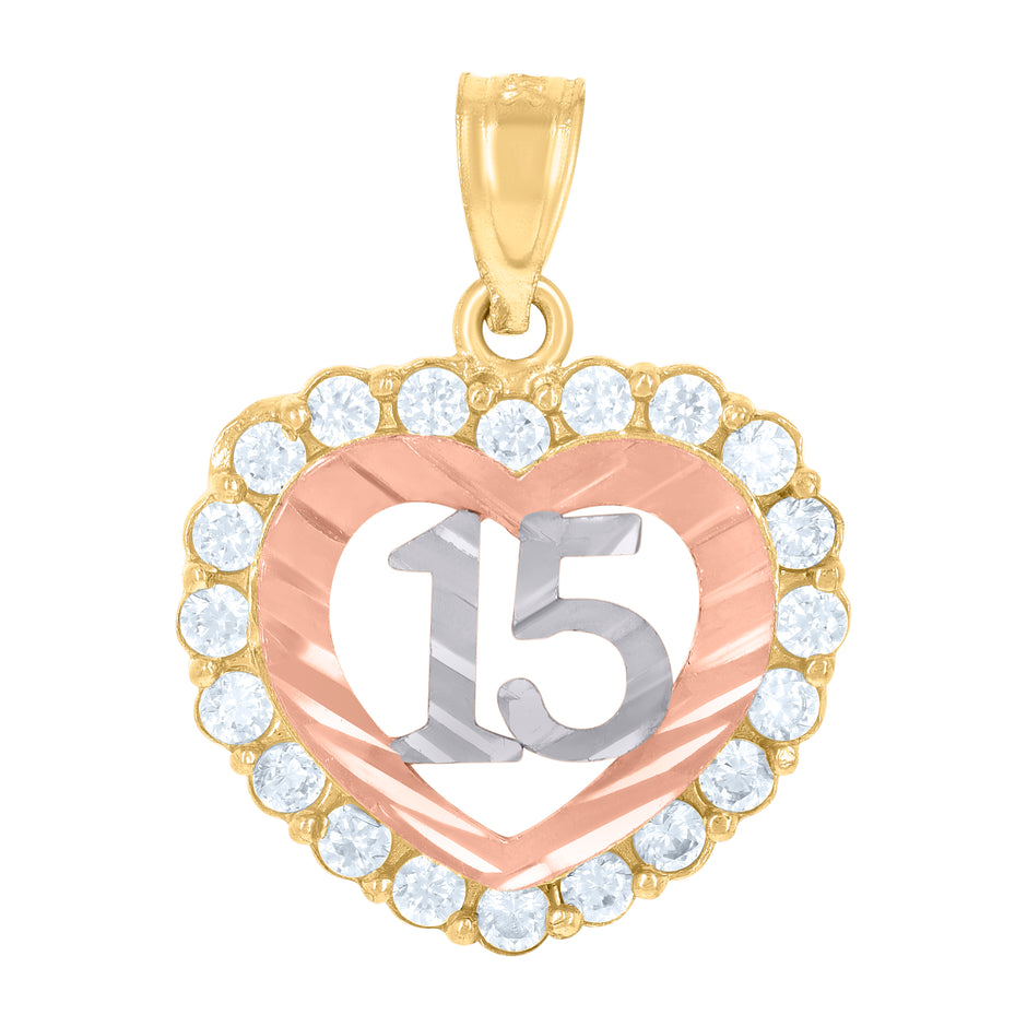 14Kt Gold Womens Tri-Color 15 Anos Heart Quinceanera Ht:20.3Mm Pendant Charm