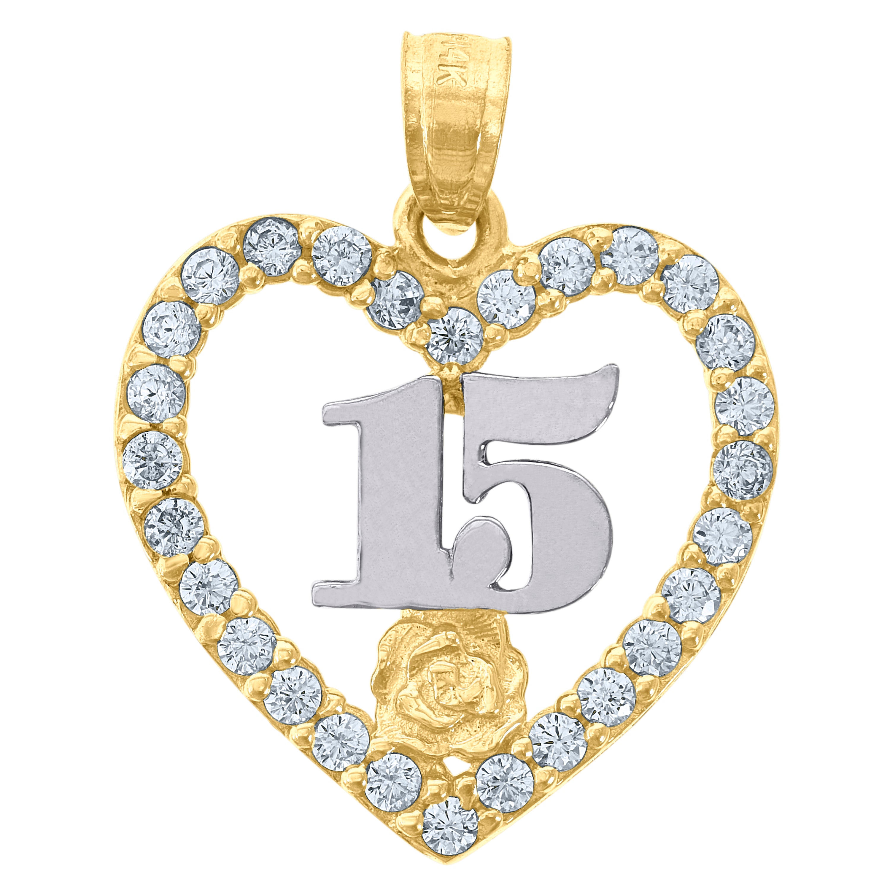 14Kt Gold Womens Two-Tone Cz 15 Anos Heart Quinceanera Ht:21.7Mm Pendant Charm