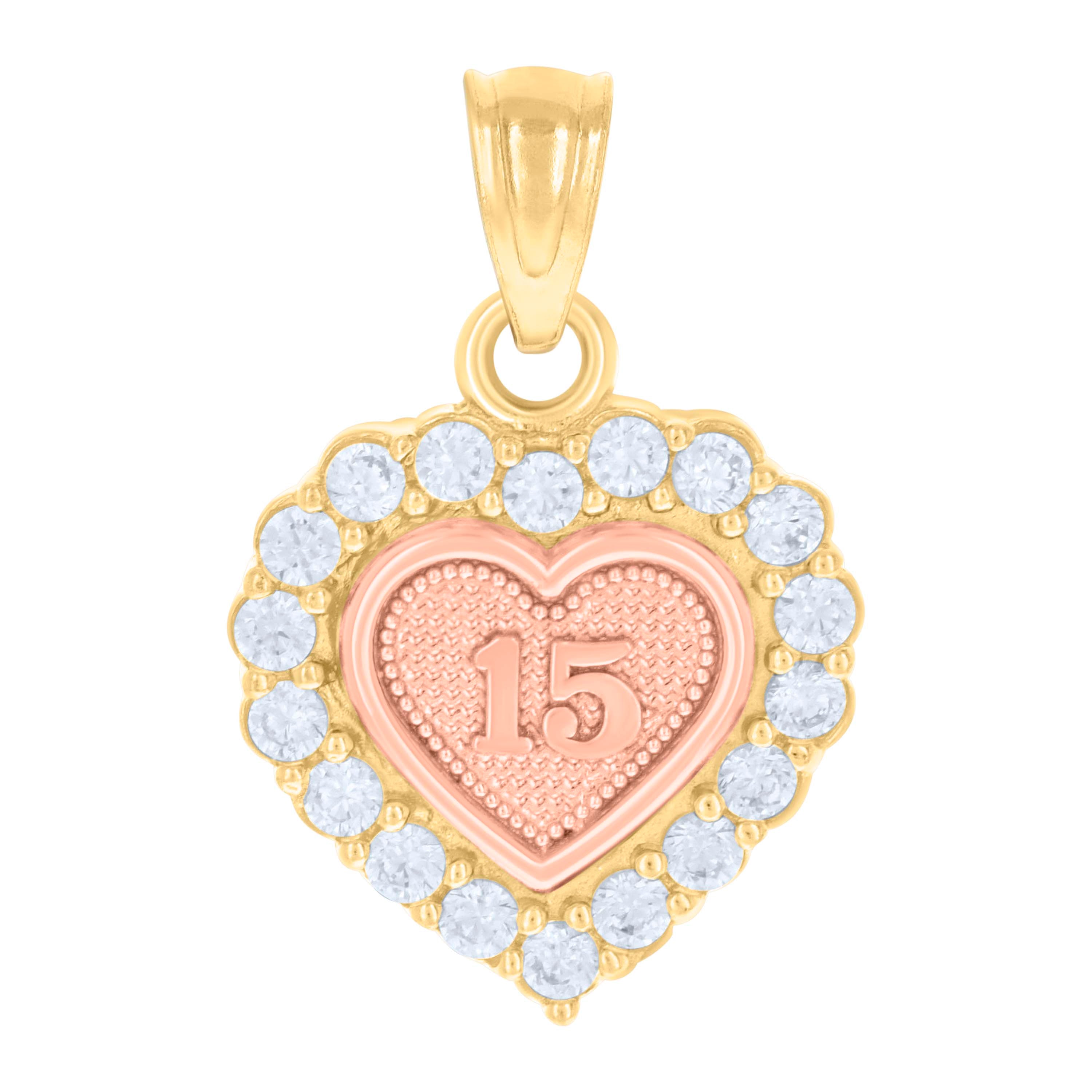 14Kt Gold Womens Tri-Color Cz 15 Anos Heart Quinceanera Ht:18.1Mm Pendant Charm