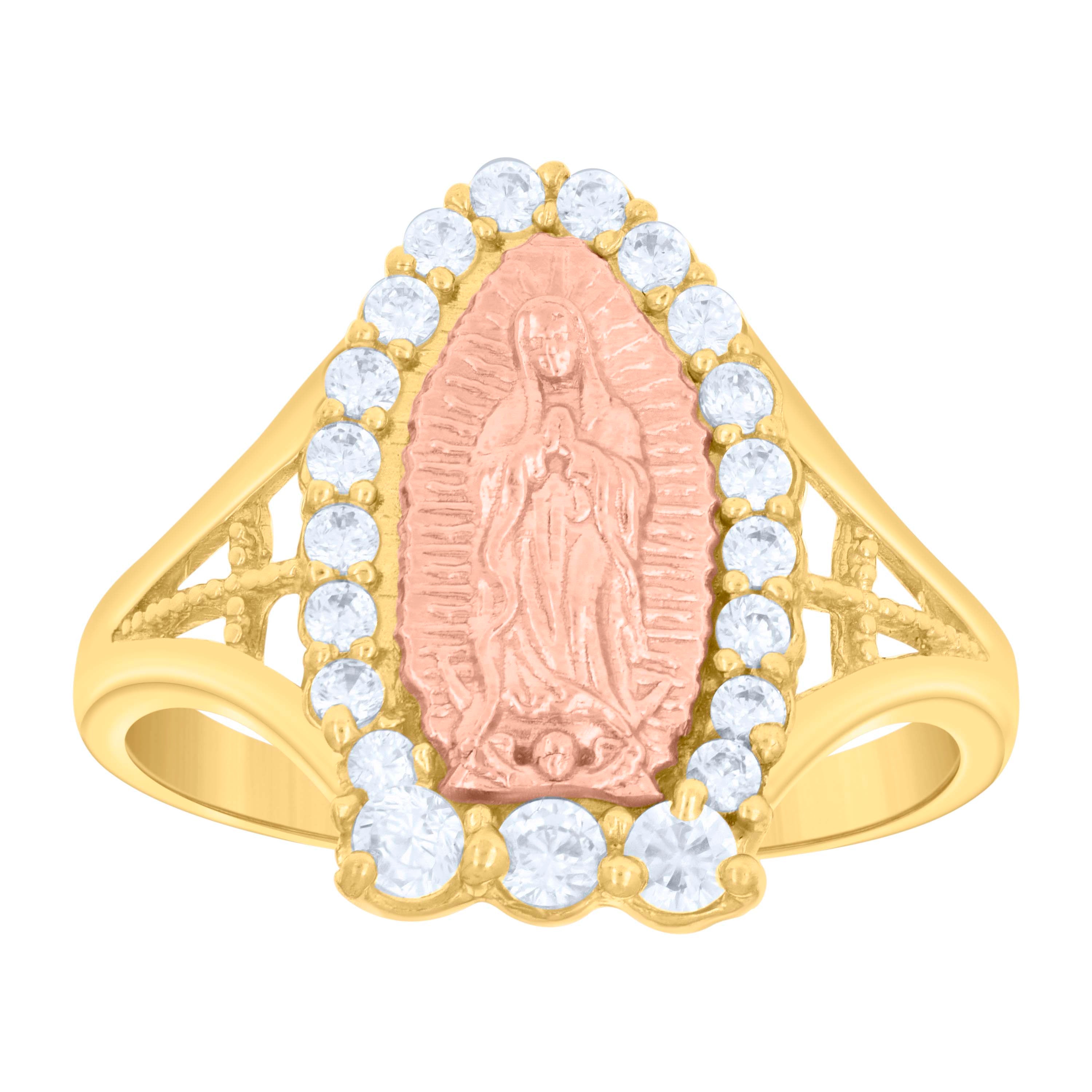 14Kt Tri-Color Gold Womens Cubic Zirconia Lady Of Guadalupe Religious Ring