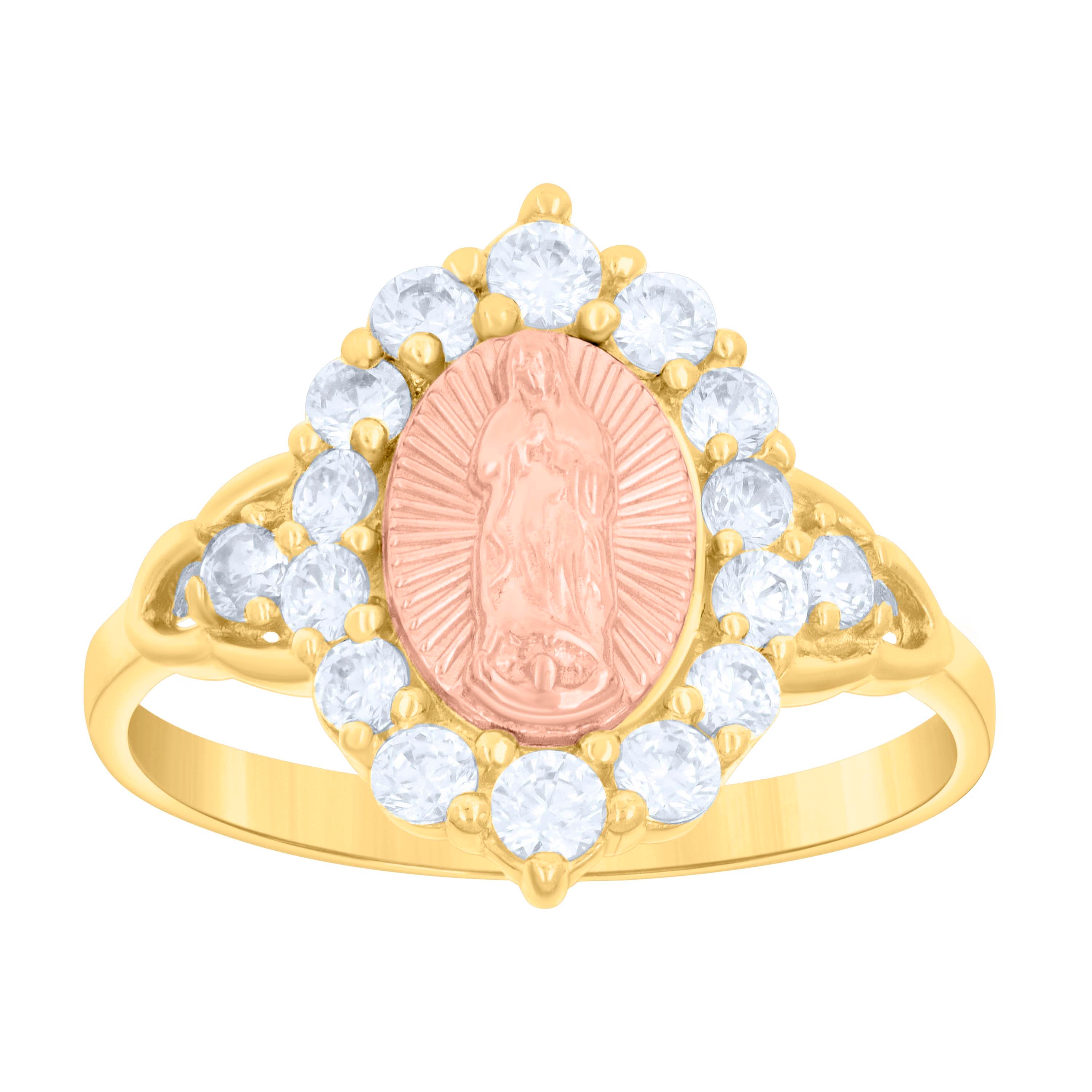 14Kt Gold Womens Tri-Color Cz Guadalupe Mary Oval Head Sz7 Religious Ring Band