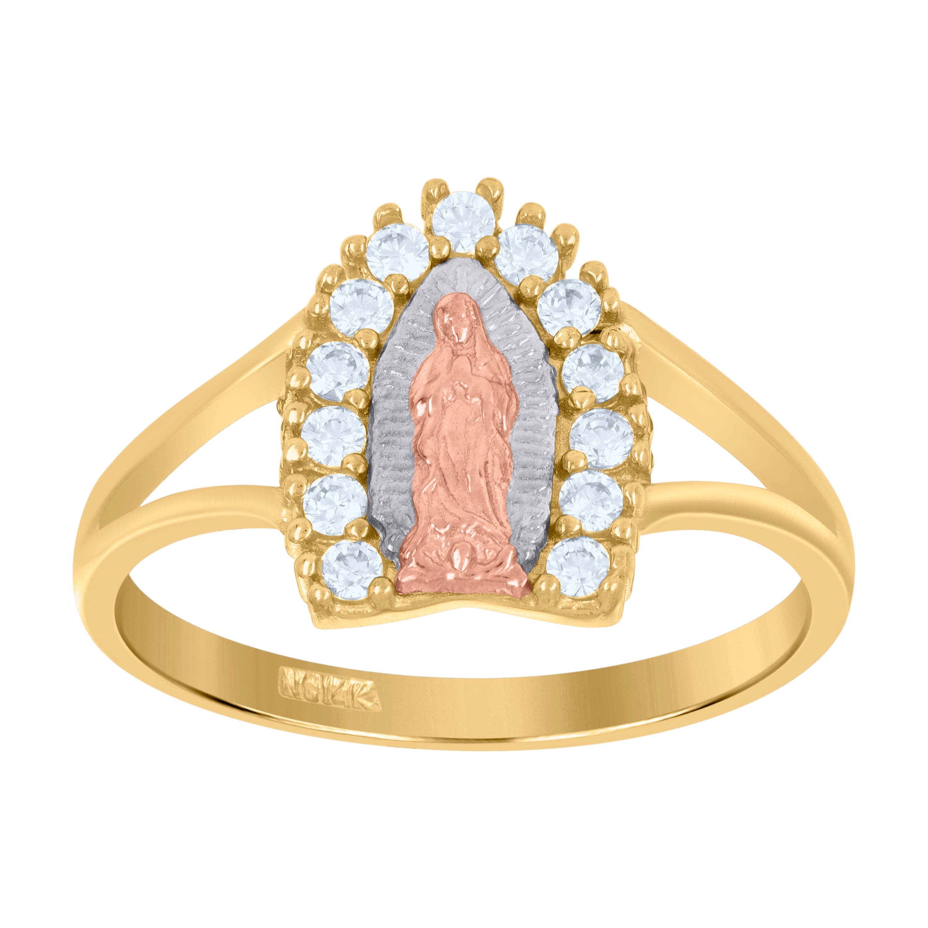 14Kt Gold Womens Tri-Color Cz Guadalupe Mary Sz7 Religious Ring Band
