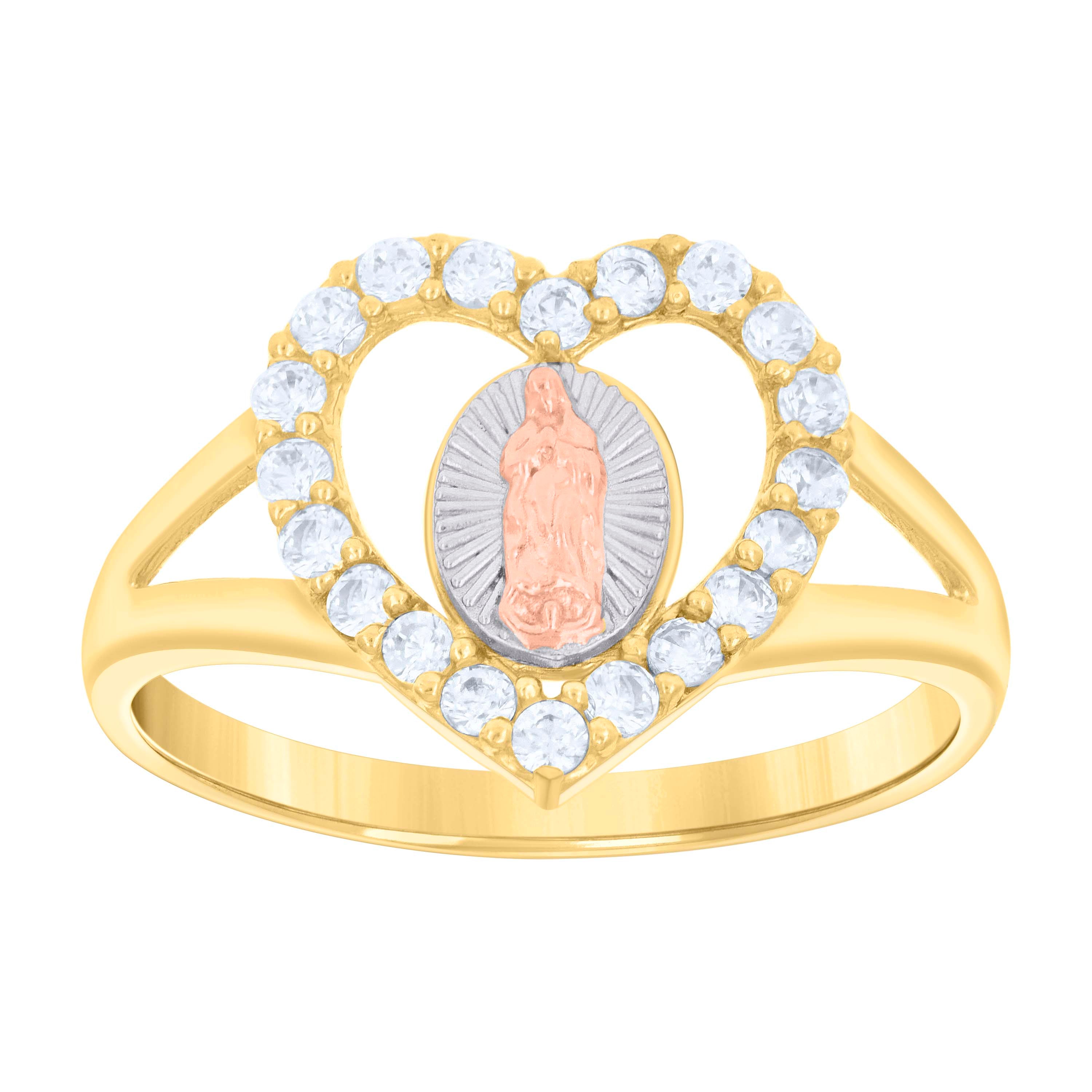 14Kt Gold Womens Tri-Color Cz Guadalupe Mary Heart Sz7 Religious Ring Band