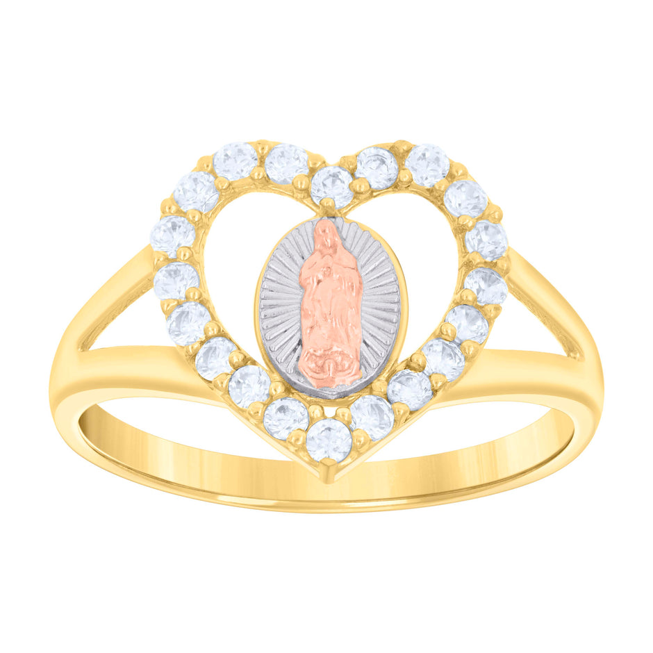 14Kt Gold Womens Tri-Color Cz Guadalupe Mary Heart Sz7 Religious Ring Band