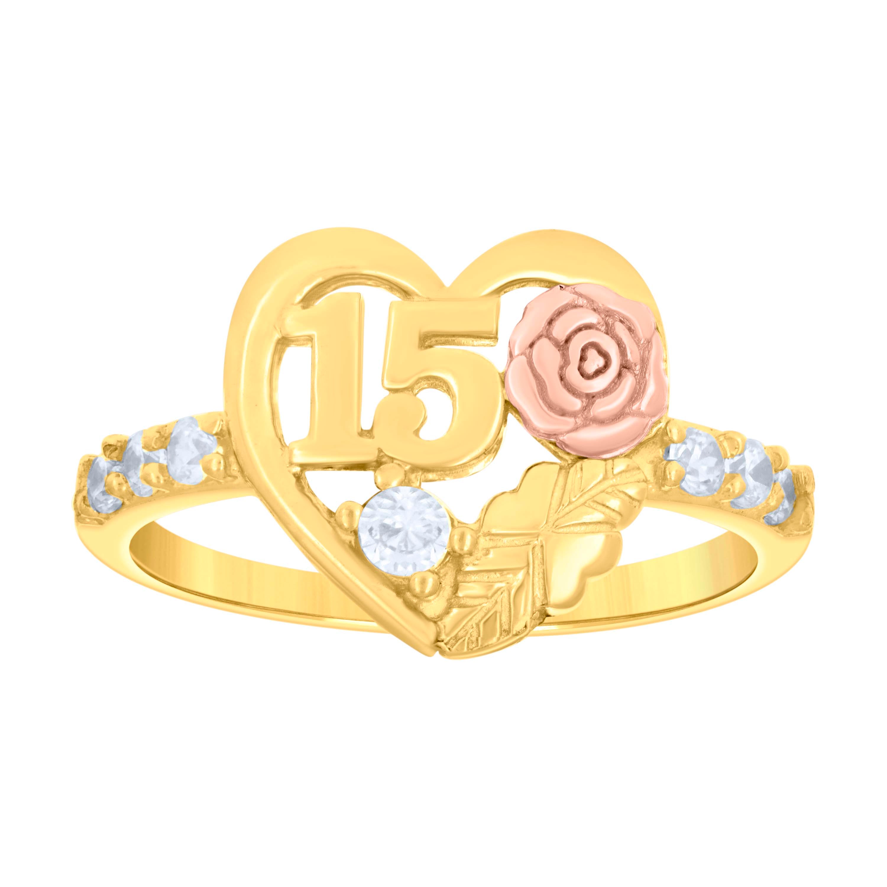 14Kt Gold Womens Tri-Color Cz 15 Anos Rose Heart Sz7 Quinceanera Ring Band