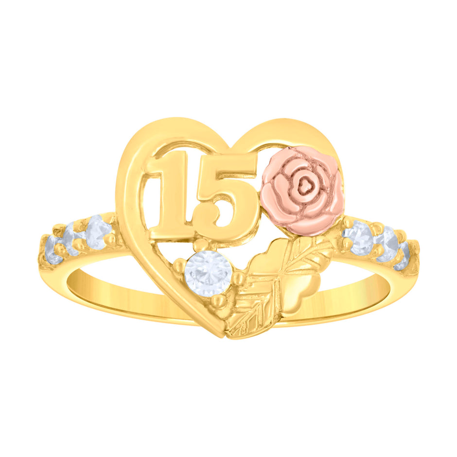 14Kt Gold Womens Tri-Color Cz 15 Anos Rose Heart Sz7 Quinceanera Ring Band