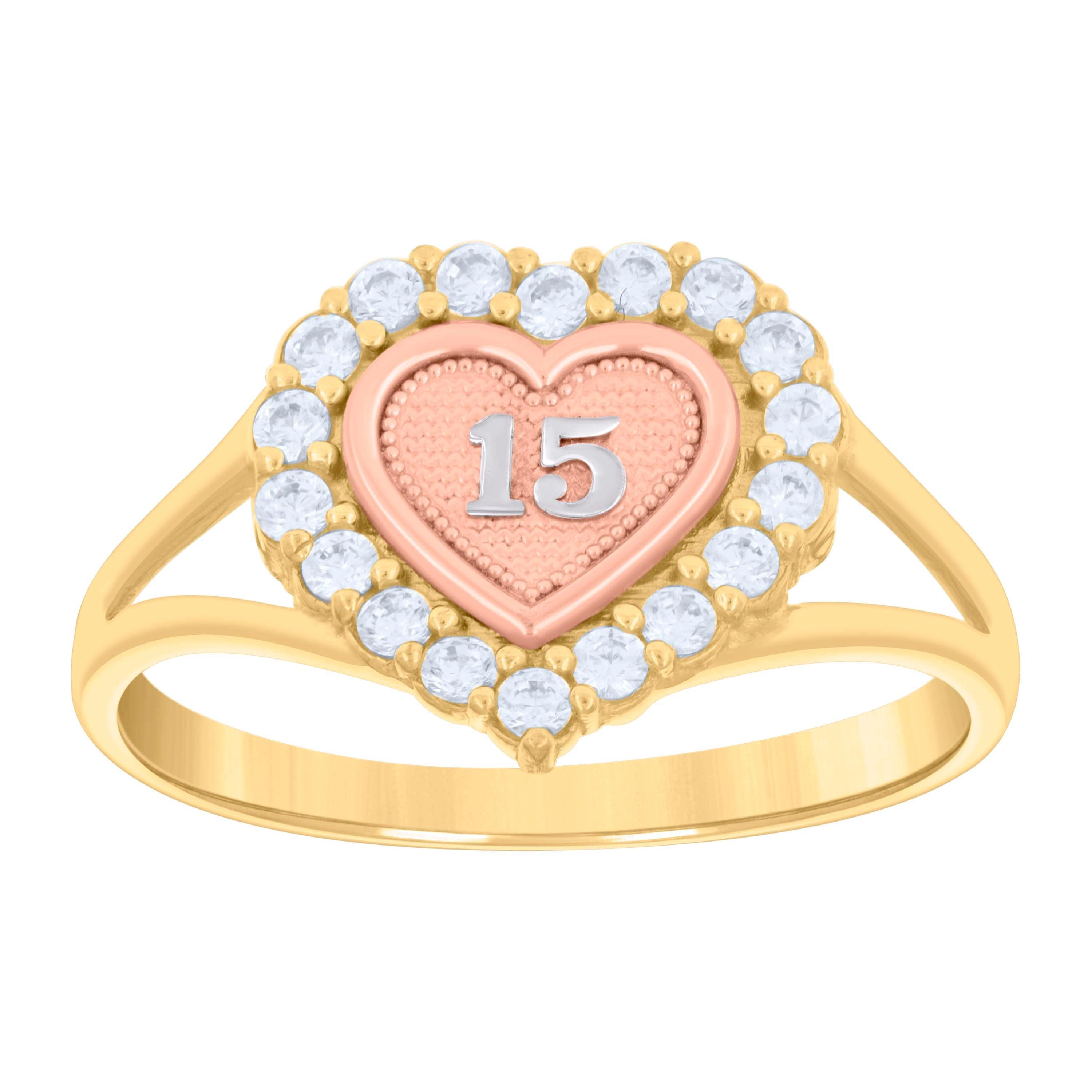 14kt Tri-color Gold Womens Cubic-Zirconia Sweet 15 Heart Quinceanera Ring 