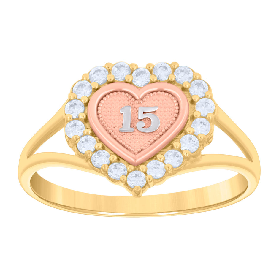 14kt Tri-color Gold Womens Cubic-Zirconia Sweet 15 Heart Quinceanera Ring 