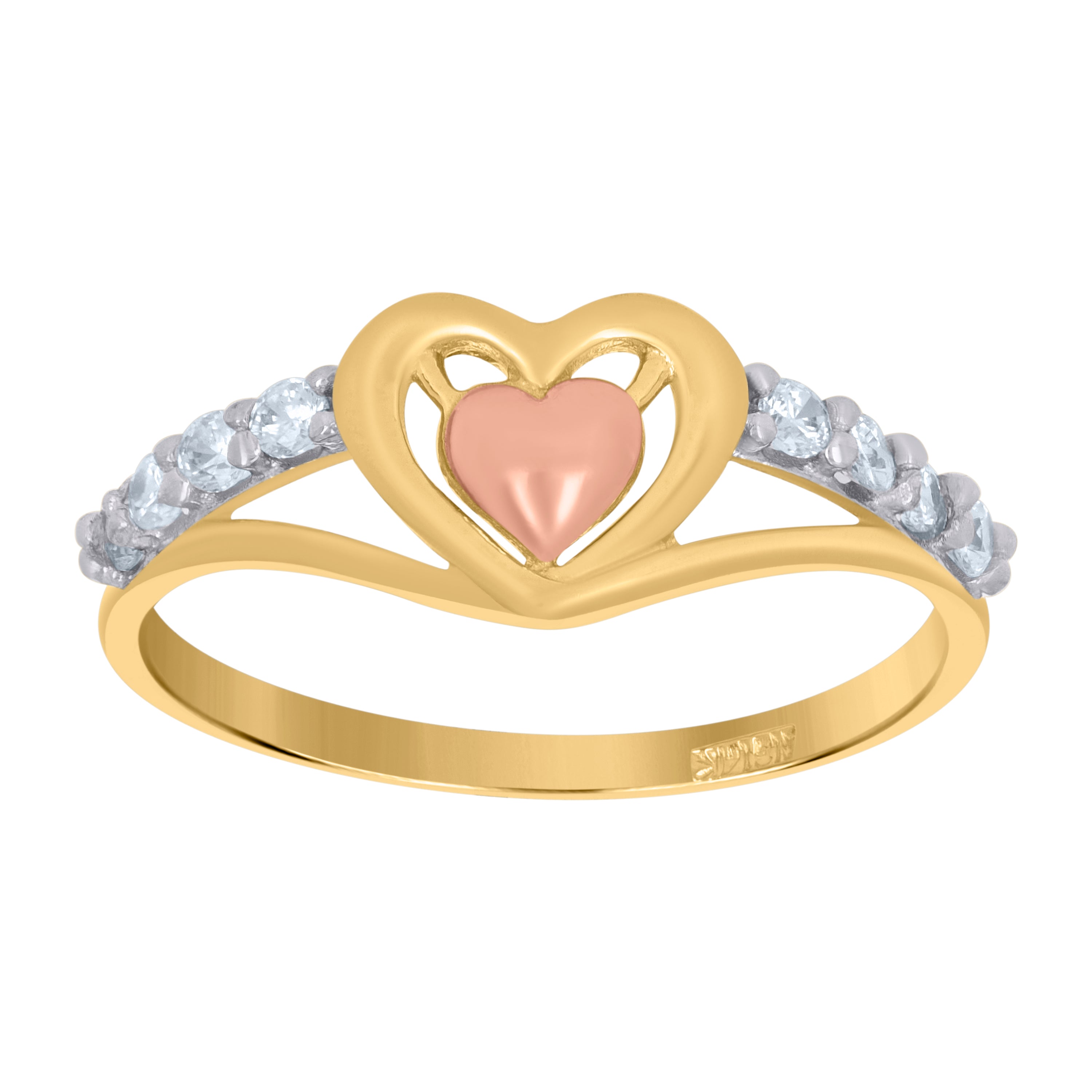 14Kt Tri-Color Gold Womens Cubic Zirconia Heart Engagement Ring