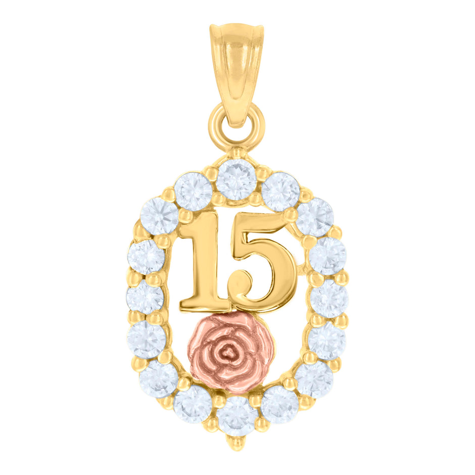 14Kt Gold Womens Tri-Color Cz 15 Anos Flower Oval Quinceanera Ht:24.6Mm Pendant Charm
