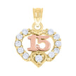 14Kt Gold Womens Tri-Color Cz 15 Anos Heart Quinceanera Ht:16.8Mm Pendant Charm