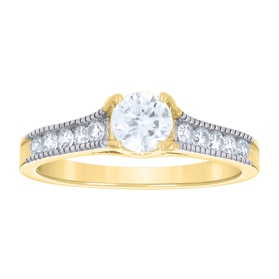 14Kt Gold Womens Two-Tone Cz Center Stone White Sz7 Wedding Engagement Ring Band