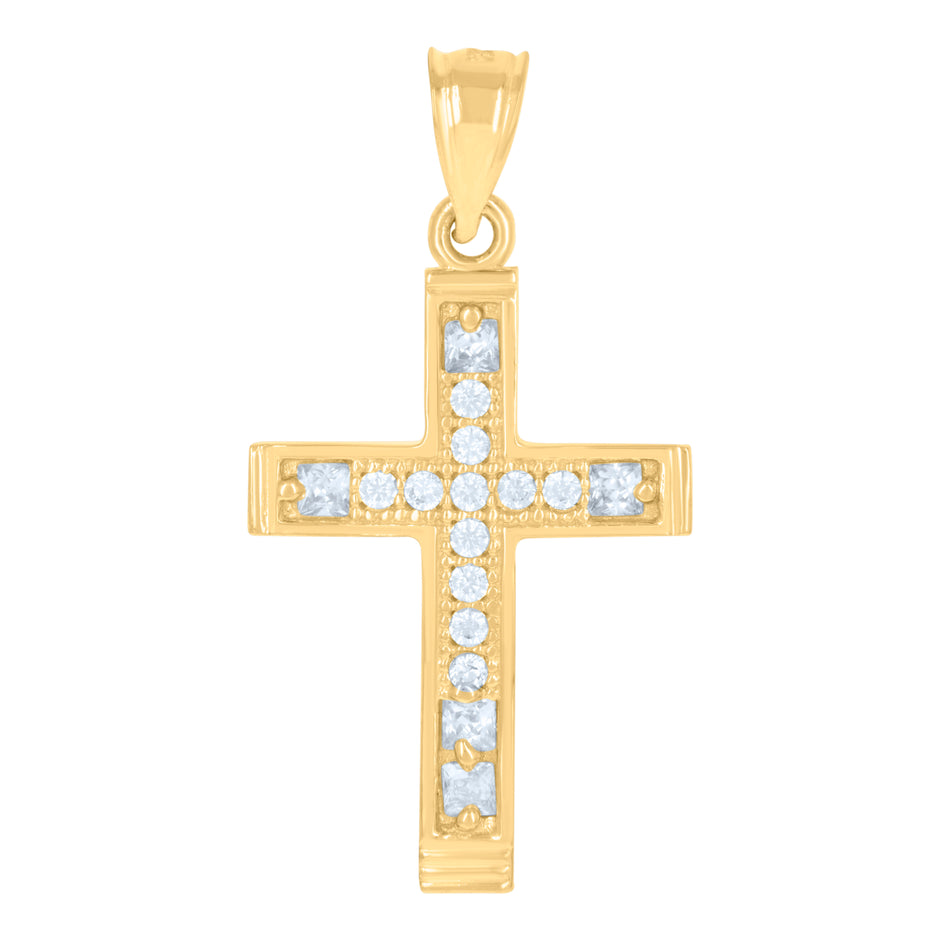 14Kt Two-Tone Gold Unisex Cz Cross Religious Ht:31.4Mm Pendant Charm