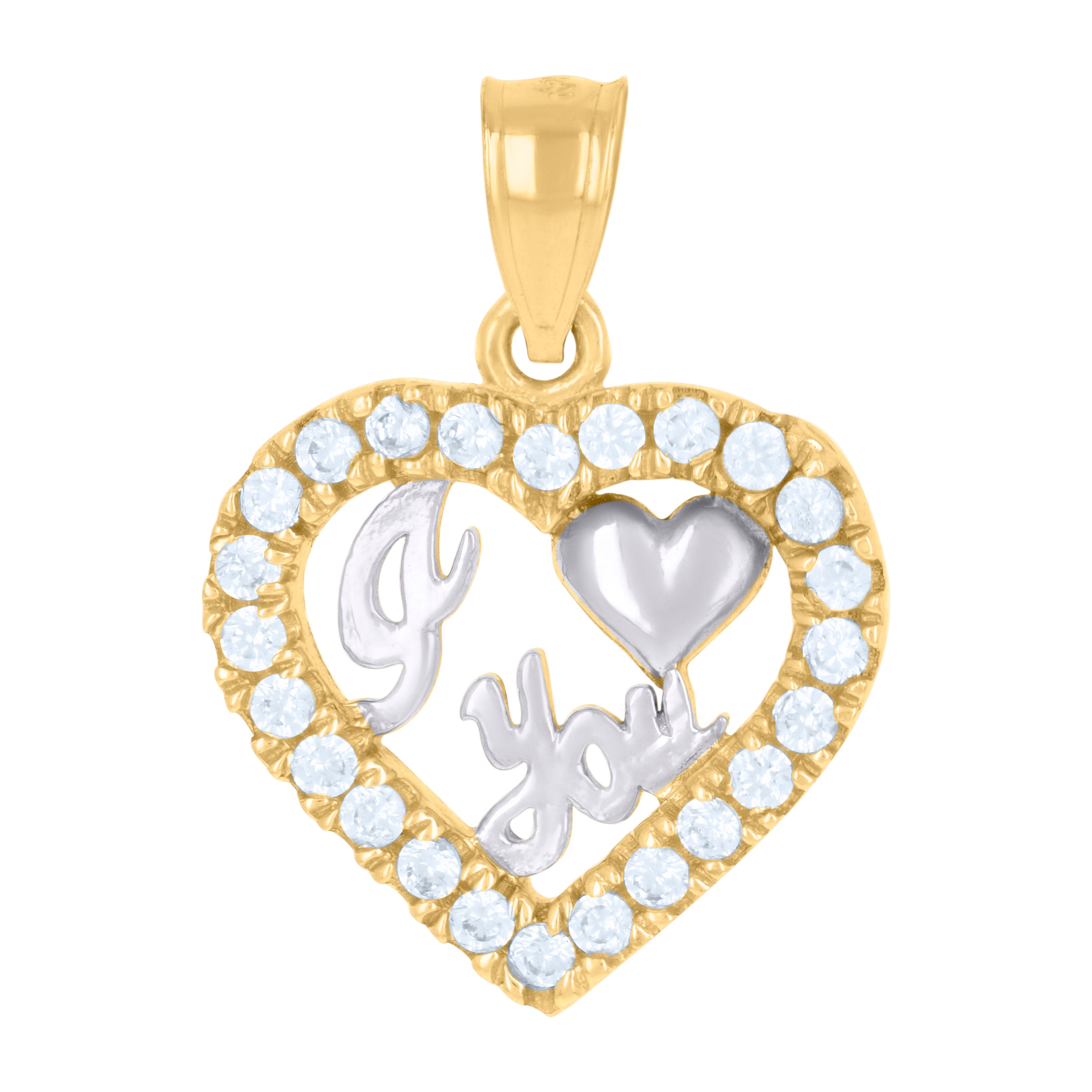 14Kt Gold Womens Two-Tone Diamond-Cut I Love You Ht:19.3Mm Heart Pendant Charm