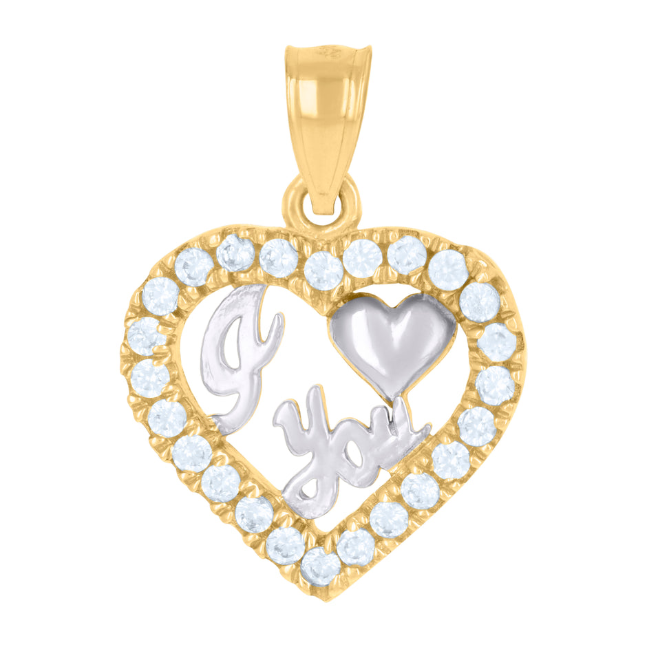 14Kt Gold Womens Two-Tone Diamond-Cut I Love You Ht:19.3Mm Heart Pendant Charm
