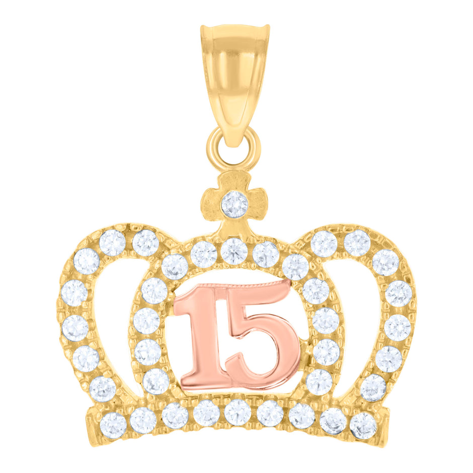 14Kt Gold Womens Tri-Color Diamond-Cut 15 Anos Crown Ht:22.2Mm Quinceanera Pendant Charm