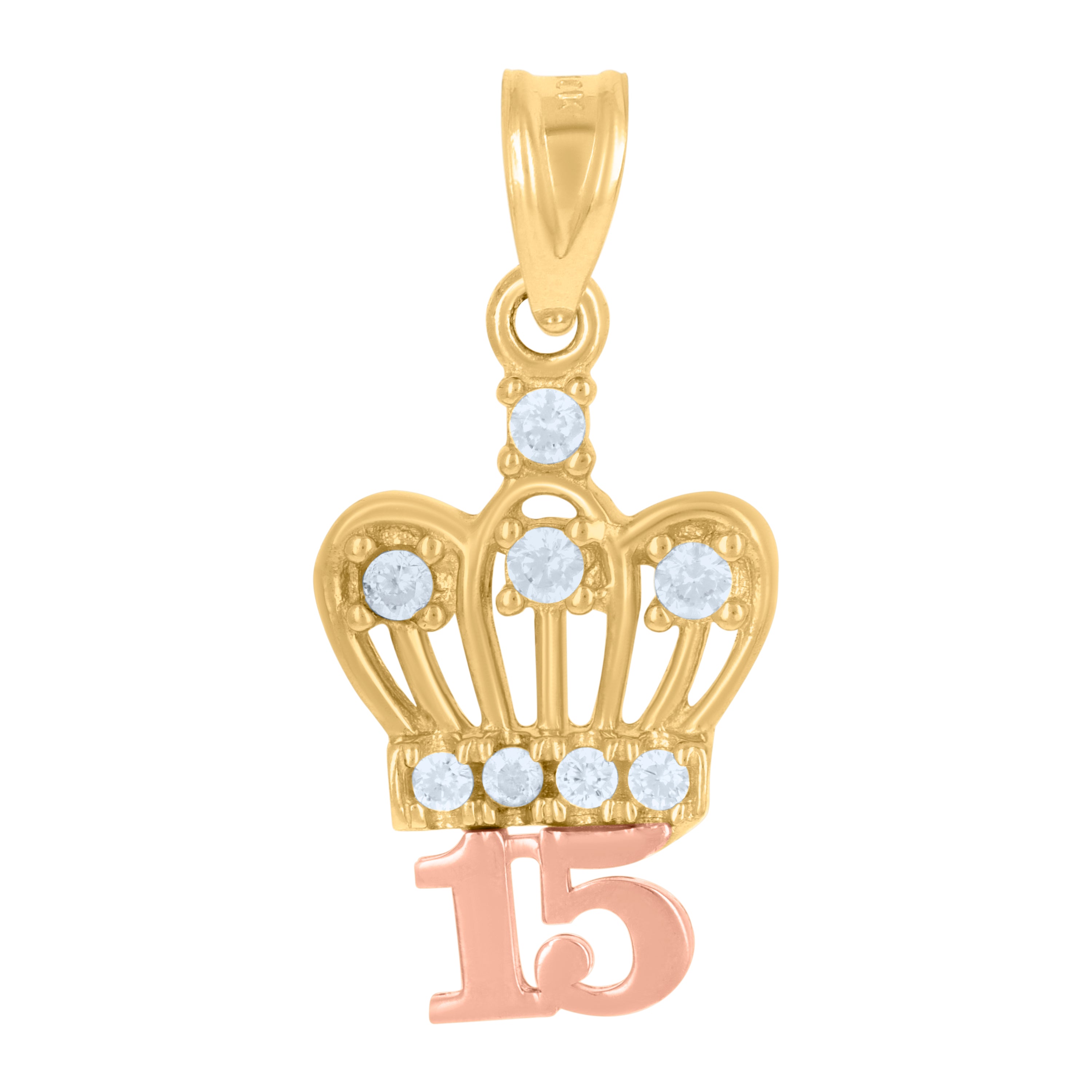 14Kt Gold Womens Tri-Color Diamond-Cut 15 Anos Crown Ht:21.5Mm Quinceanera Pendant Charm