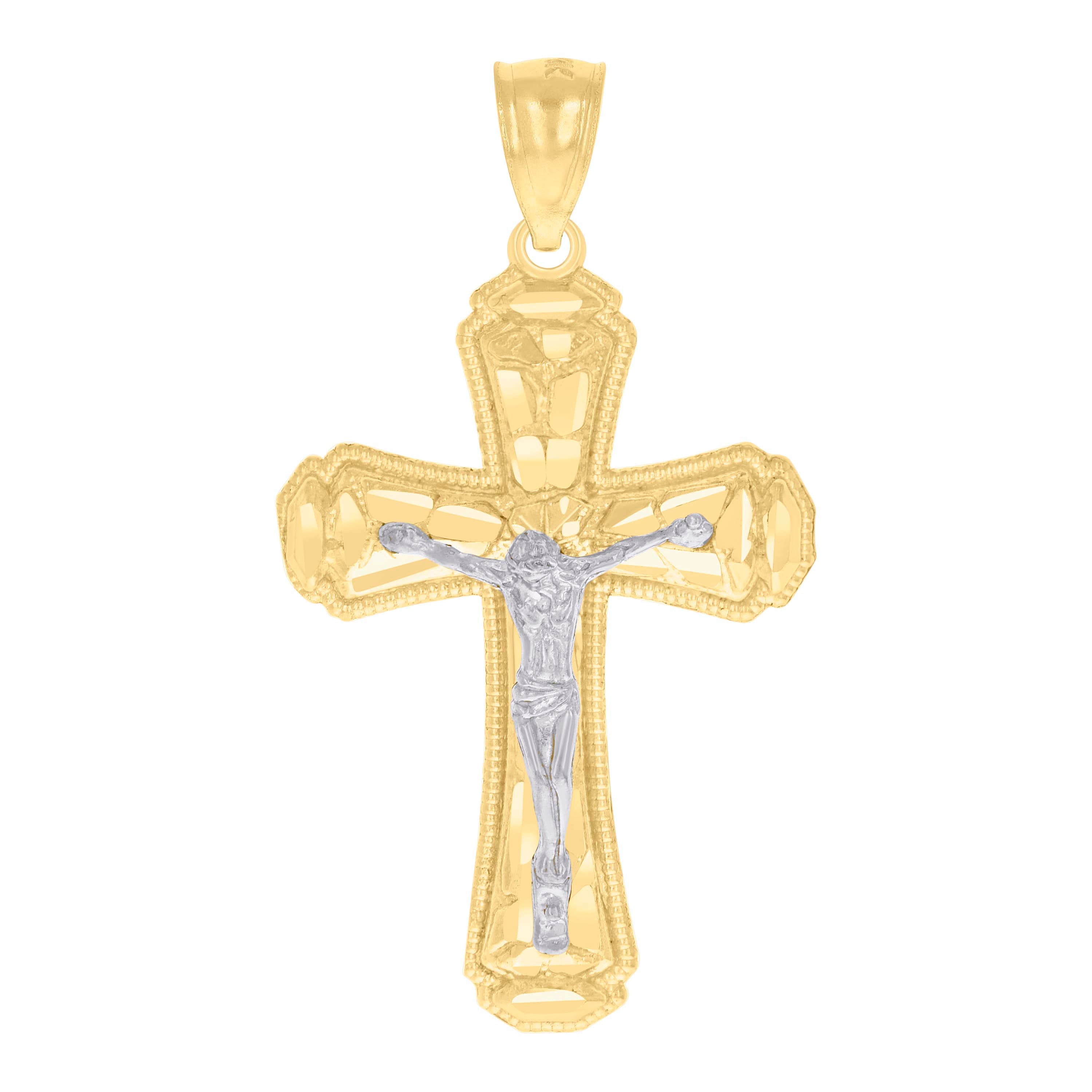 14Kt Gold Womens Two-Tone Diamond-Cut Nugget Cross Crucifix Jesus Ht:39.4Mm Pendant Charm