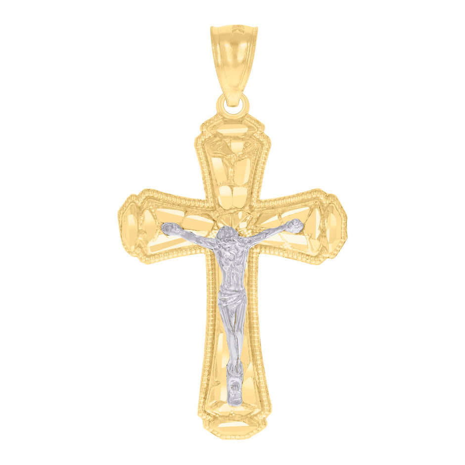 14Kt Gold Womens Two-Tone Diamond-Cut Nugget Cross Crucifix Jesus Ht:39.4Mm Pendant Charm