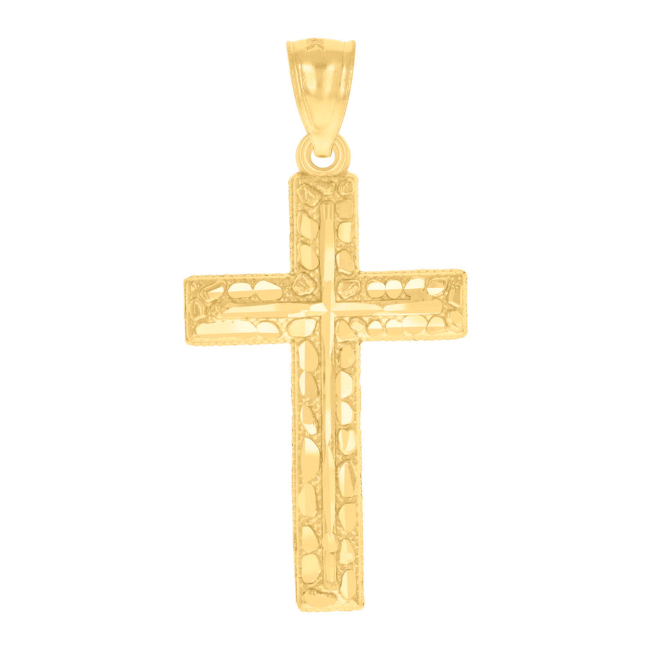 14Kt Yellow Gold Womens Diamond-Cut Nugget Cross Ht:37.8Mm Religious Pendant Charm