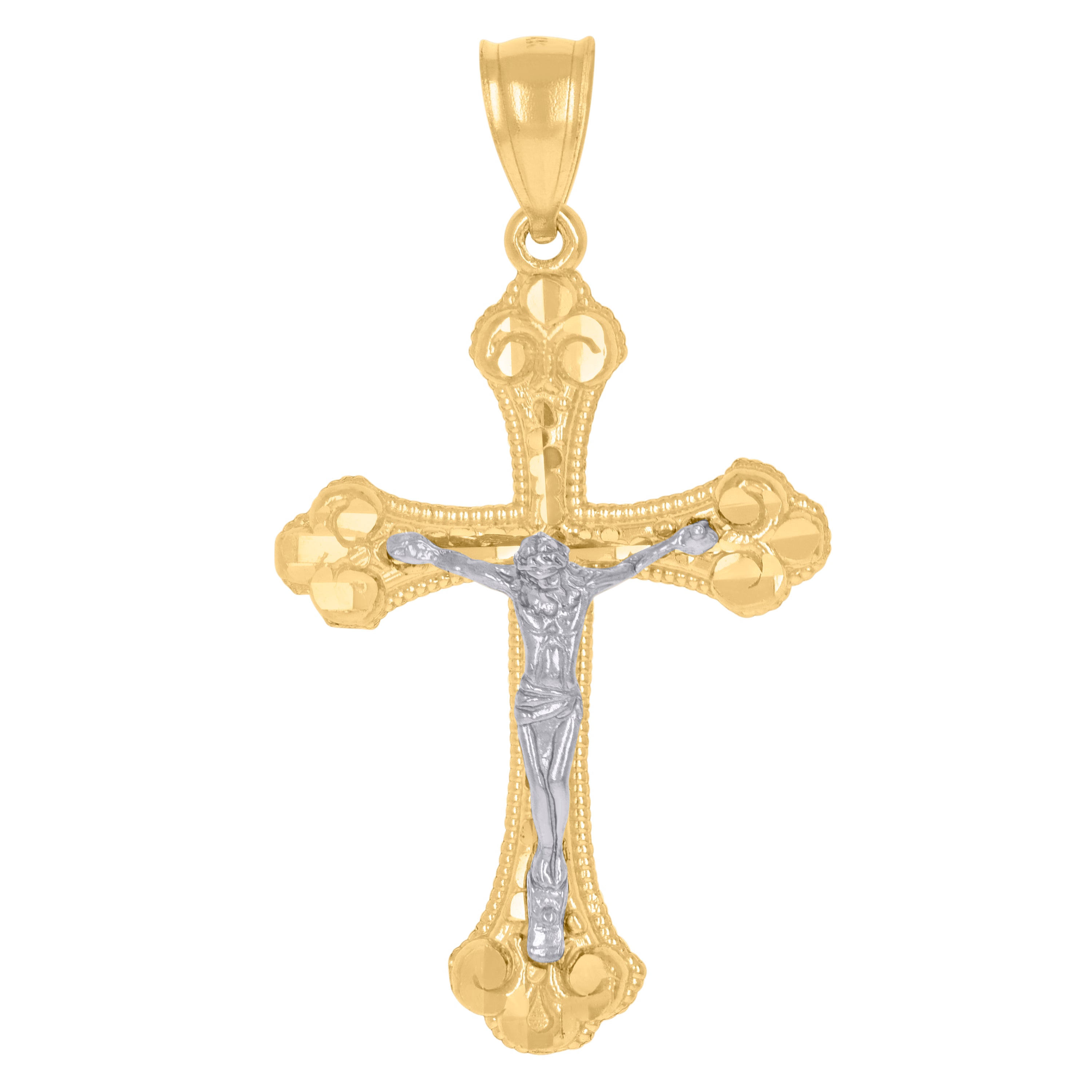 14Kt Gold Unisex Two-Tone Diamond-Cut Cross Crucifix Jesus Ht:40.6Mm Pendant Charm