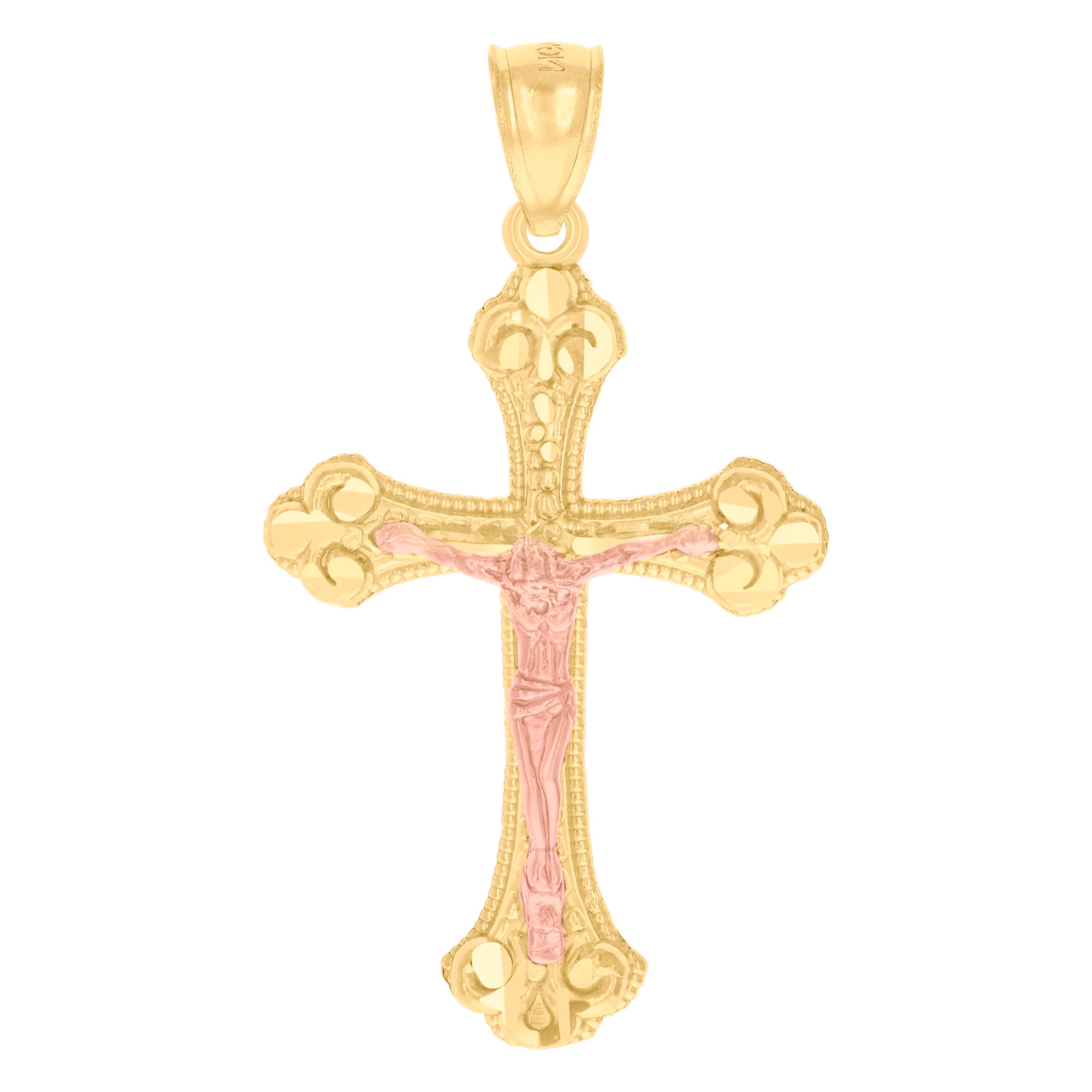 14Kt Gold Unisex Two-Tone Diamond-Cut Cross Crucifix Jesus Ht:40.9Mm Pendant Charm