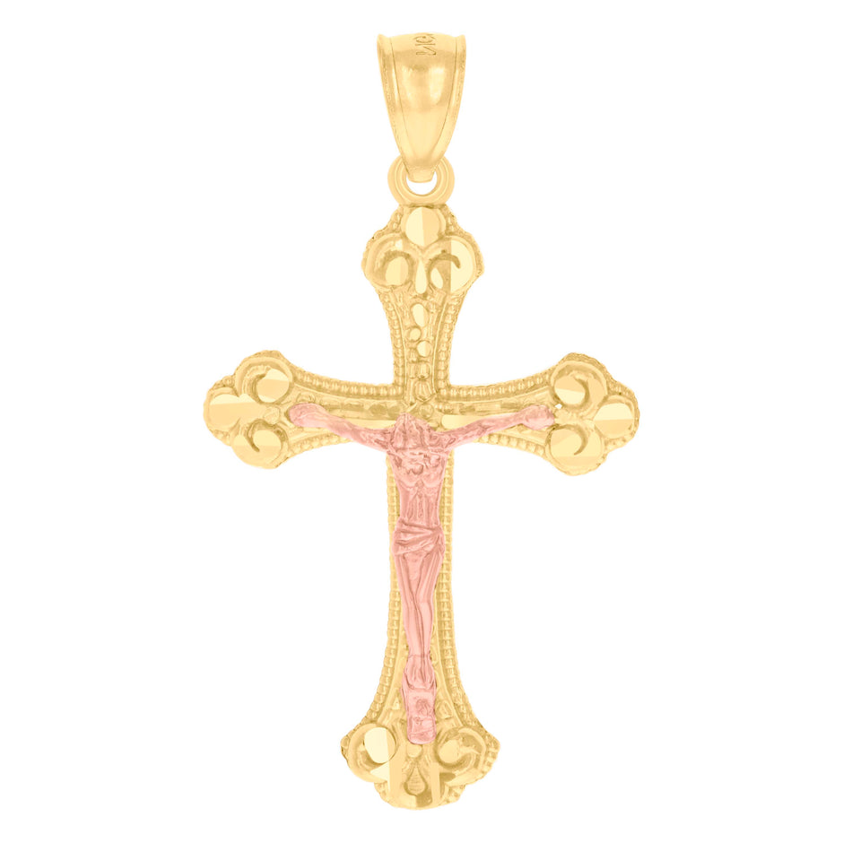 14Kt Gold Unisex Two-Tone Diamond-Cut Cross Crucifix Jesus Ht:40.9Mm Pendant Charm
