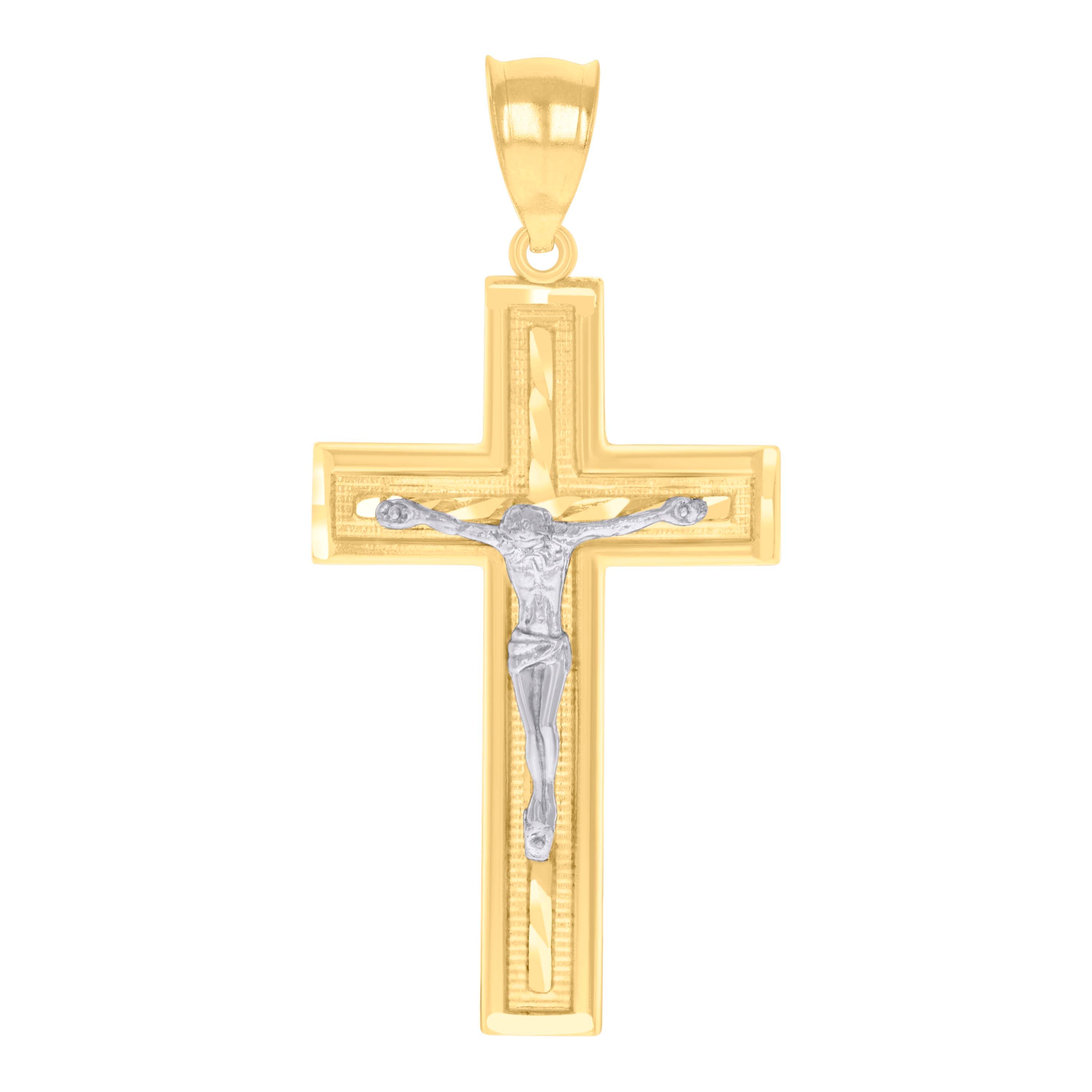 14Kt Gold Womens Two-Tone Diamond-Cut Cross Crucifix Jesus Ht:55.4Mm Pendant Charm