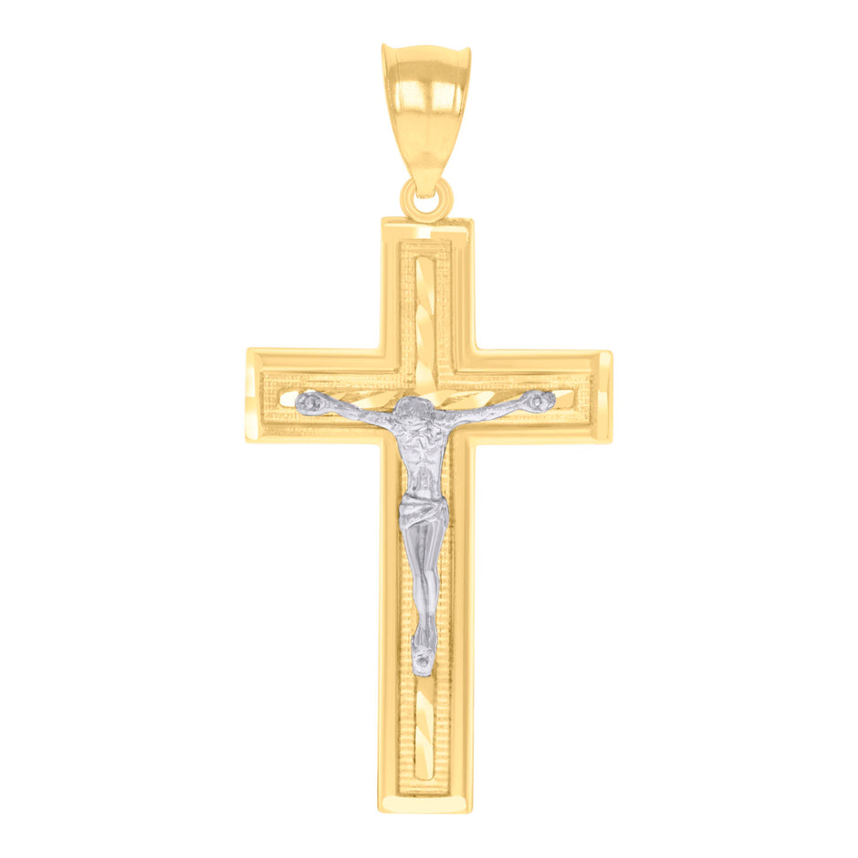 14Kt Gold Womens Two-Tone Diamond-Cut Cross Crucifix Jesus Ht:55.4Mm Pendant Charm
