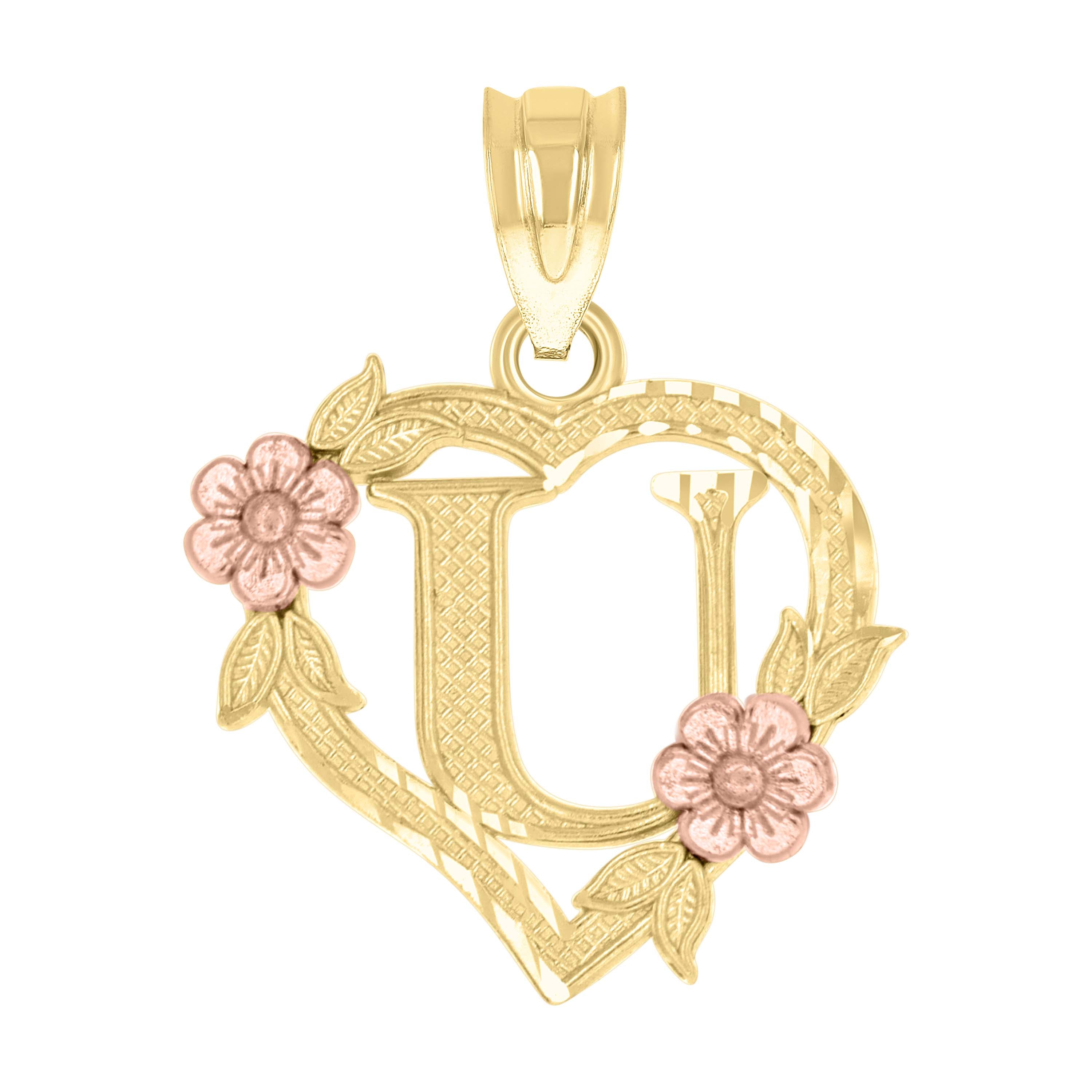 10kt Two-Tone Gold Womens Heart Flower Initial Letter U Charm Pendant