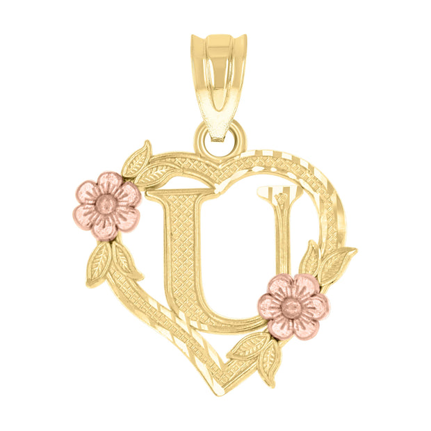 10kt Two-Tone Gold Womens Heart Flower Initial Letter U Charm Pendant