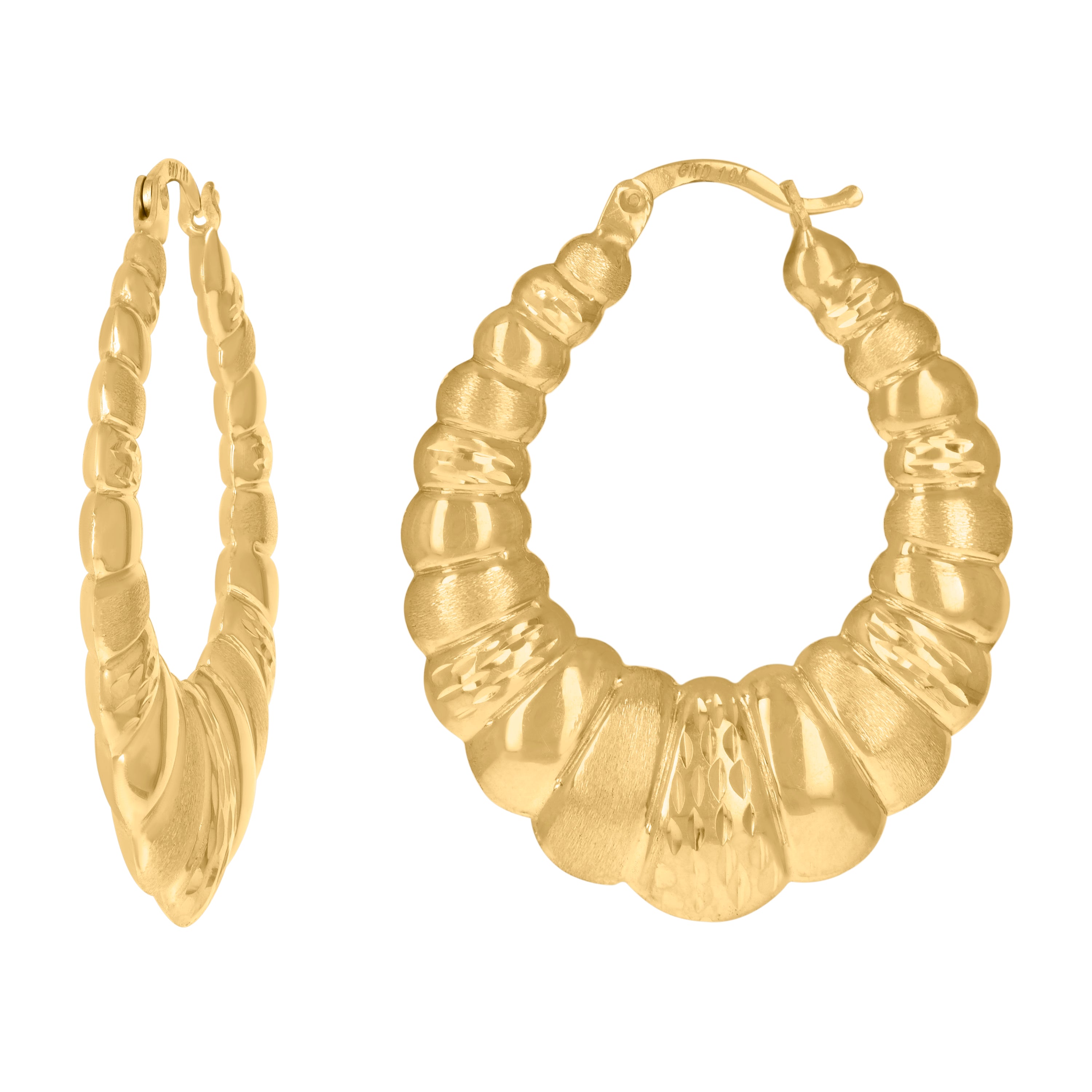 10kt Yellow Gold Brushed Womens Scalloped 30.1mm Hinged Hoops Huggies