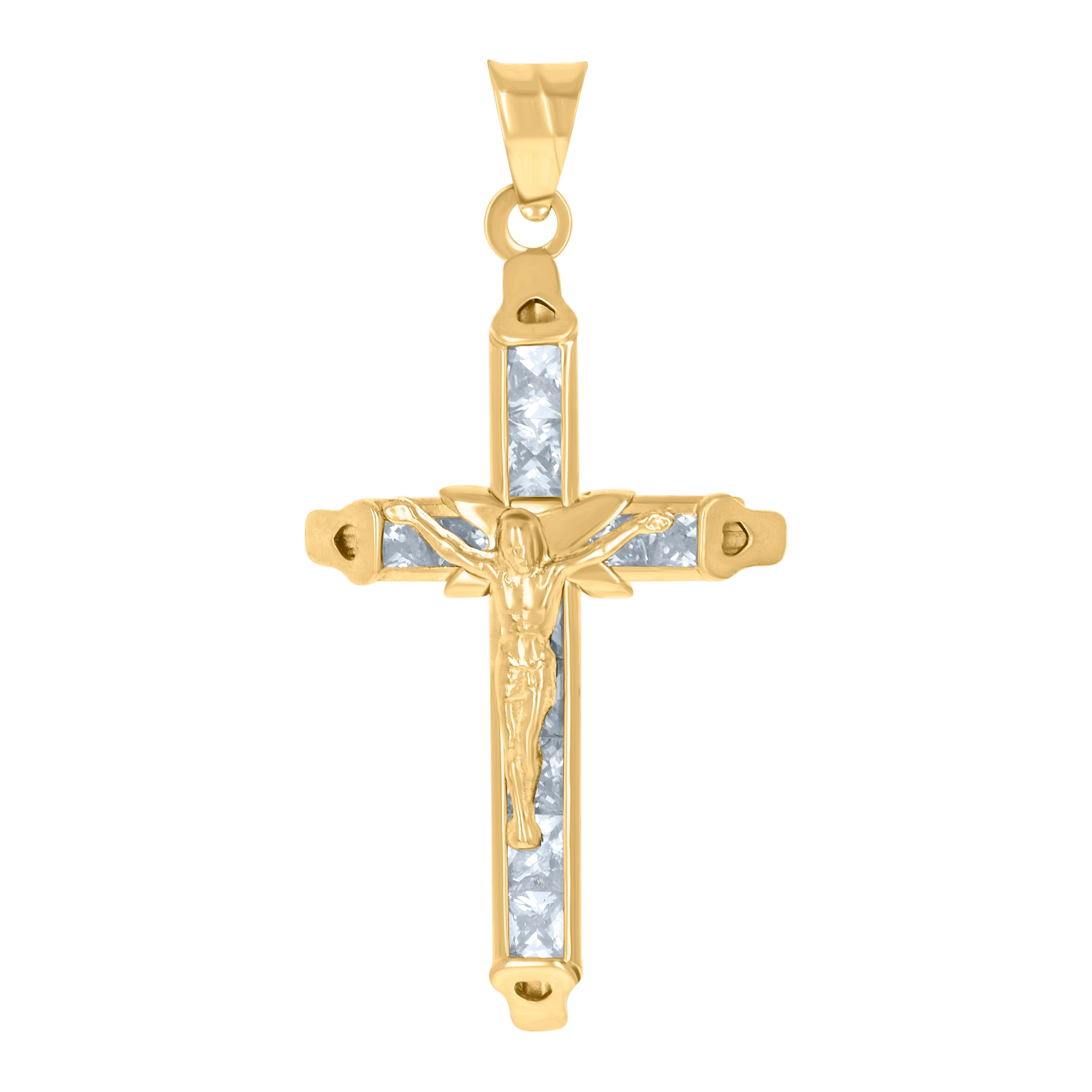 10kt Yellow Gold Mens Women Princess Cut Cubic Zirconia Cubic-Zirconia Crucifix Cross Religious Charm Pendant