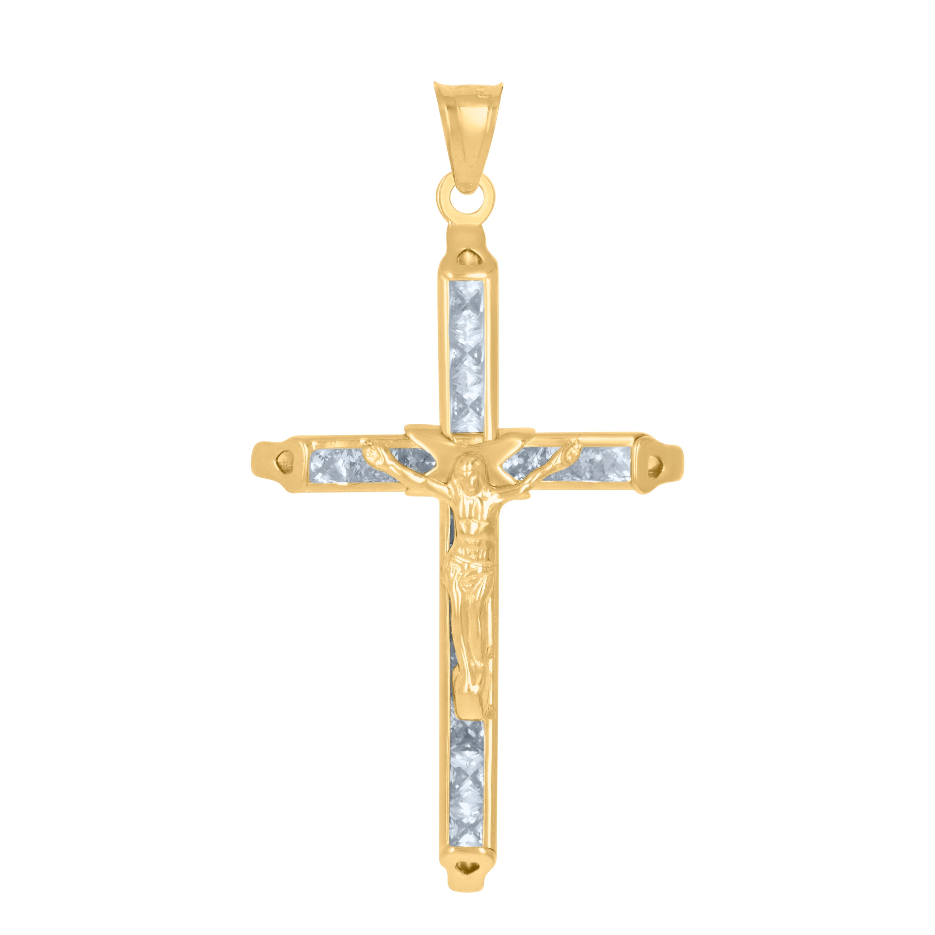 10kt Yellow Gold Mens Women Princess Cut Cubic Zirconia Cubic-Zirconia Crucifix Cross Religious Charm Pendant