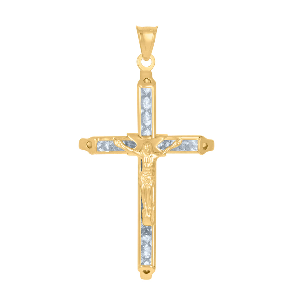 10kt Yellow Gold Mens Women Princess Cut Cubic Zirconia Cubic-Zirconia Crucifix Cross Religious Charm Pendant
