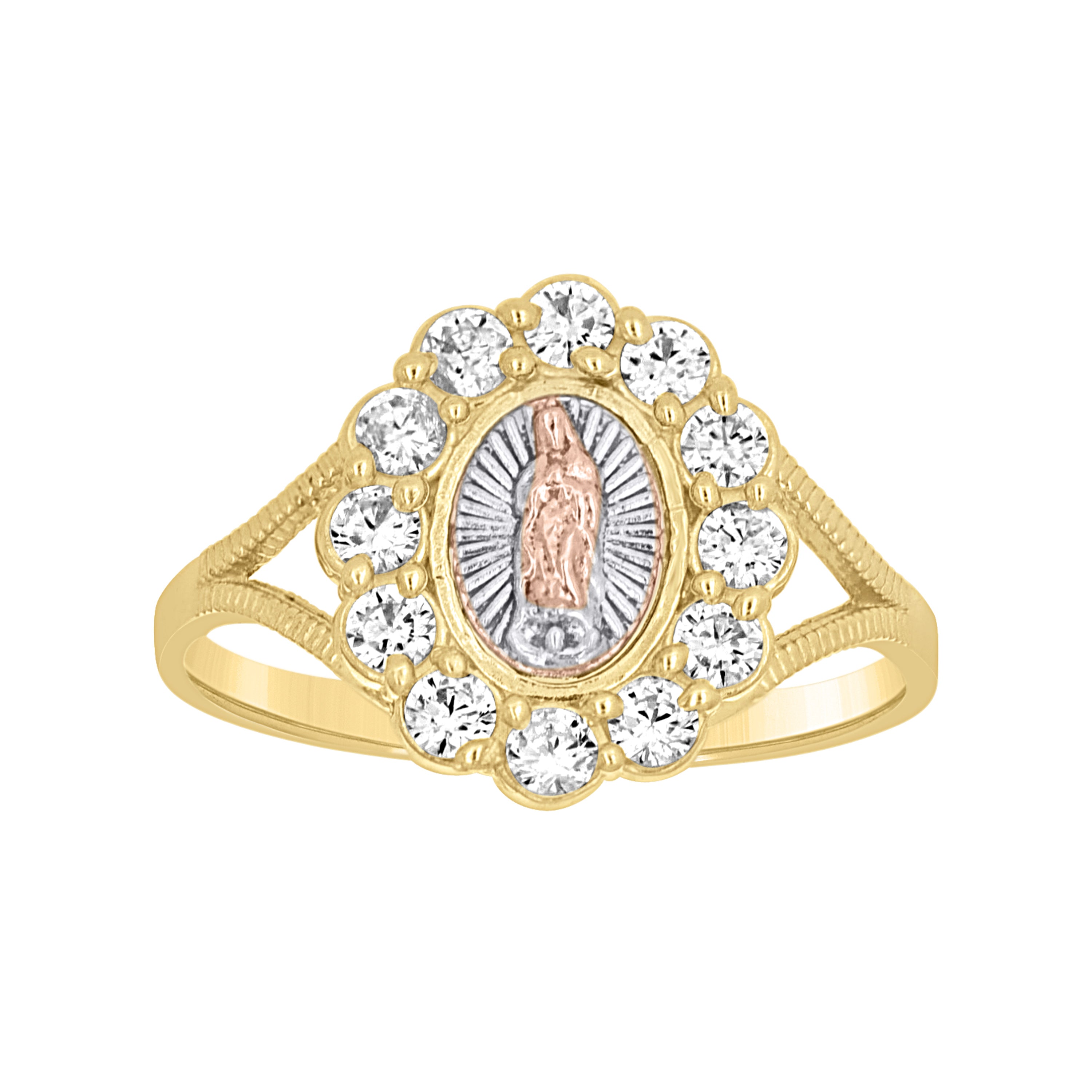 10Kt Tri-Color Gold Womens Round Cubic Zirconia Lady Of Guadalupe Religious Ring 