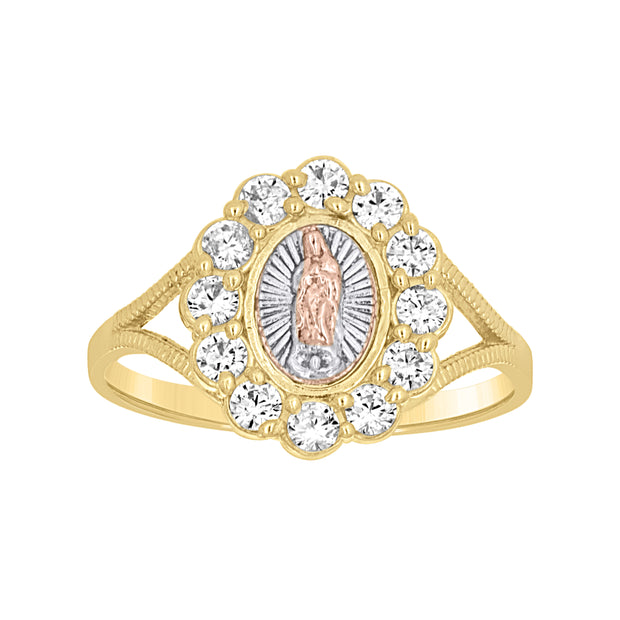 10Kt Tri-Color Gold Womens Round Cubic Zirconia Lady Of Guadalupe Religious Ring 