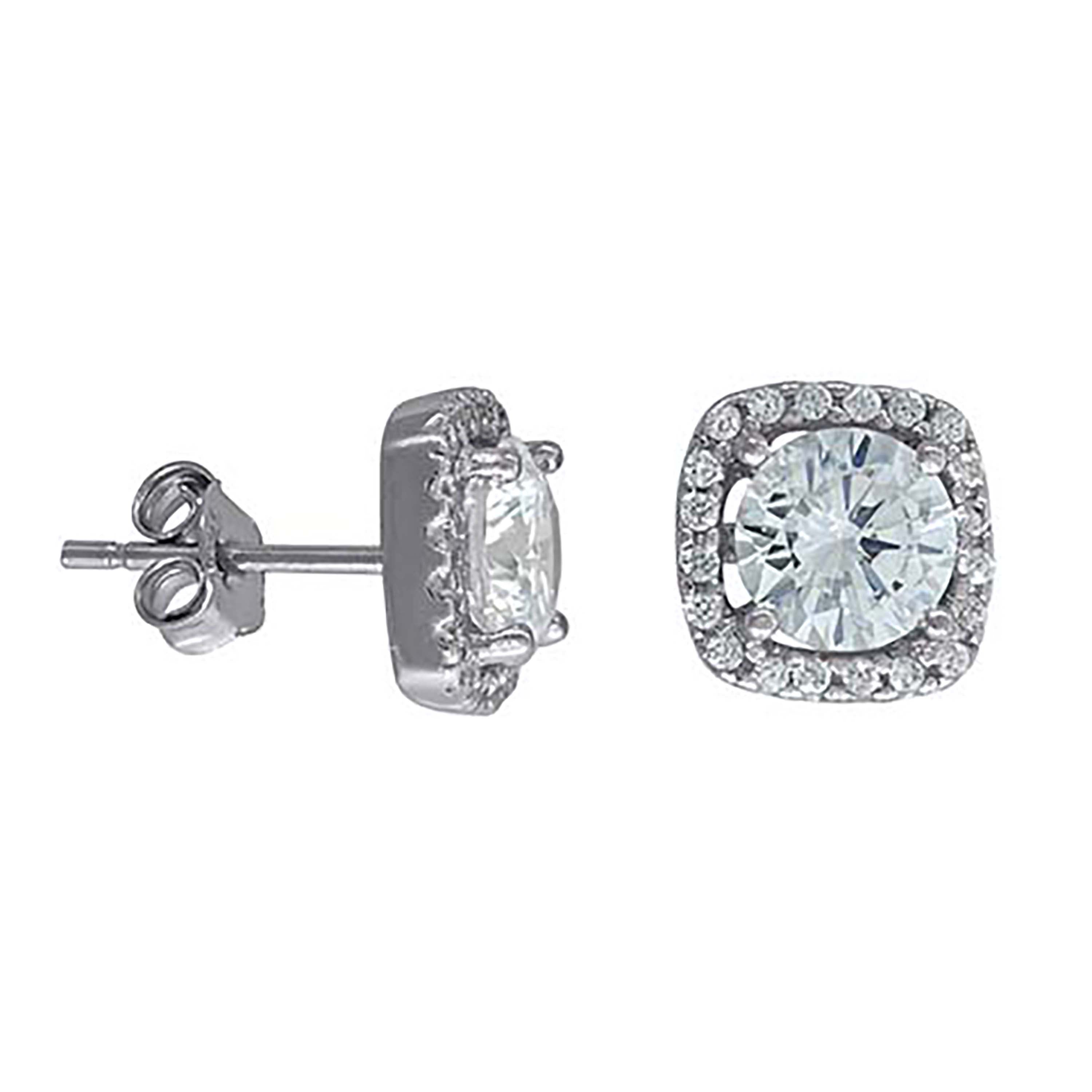 925 Sterling Silver Womens Cubic Zirconia Square Stud Earrings