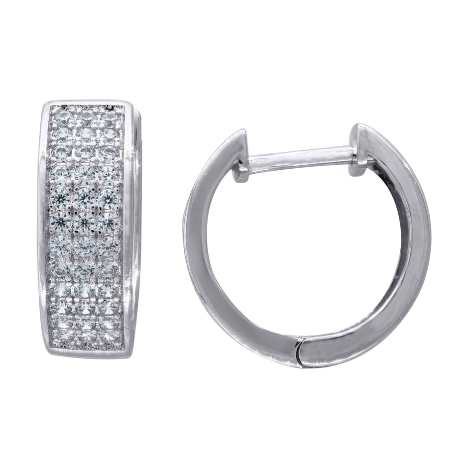 925 Sterling Silver Womens Cubic Zirconia Triple Row Huggie Hoop Earrings