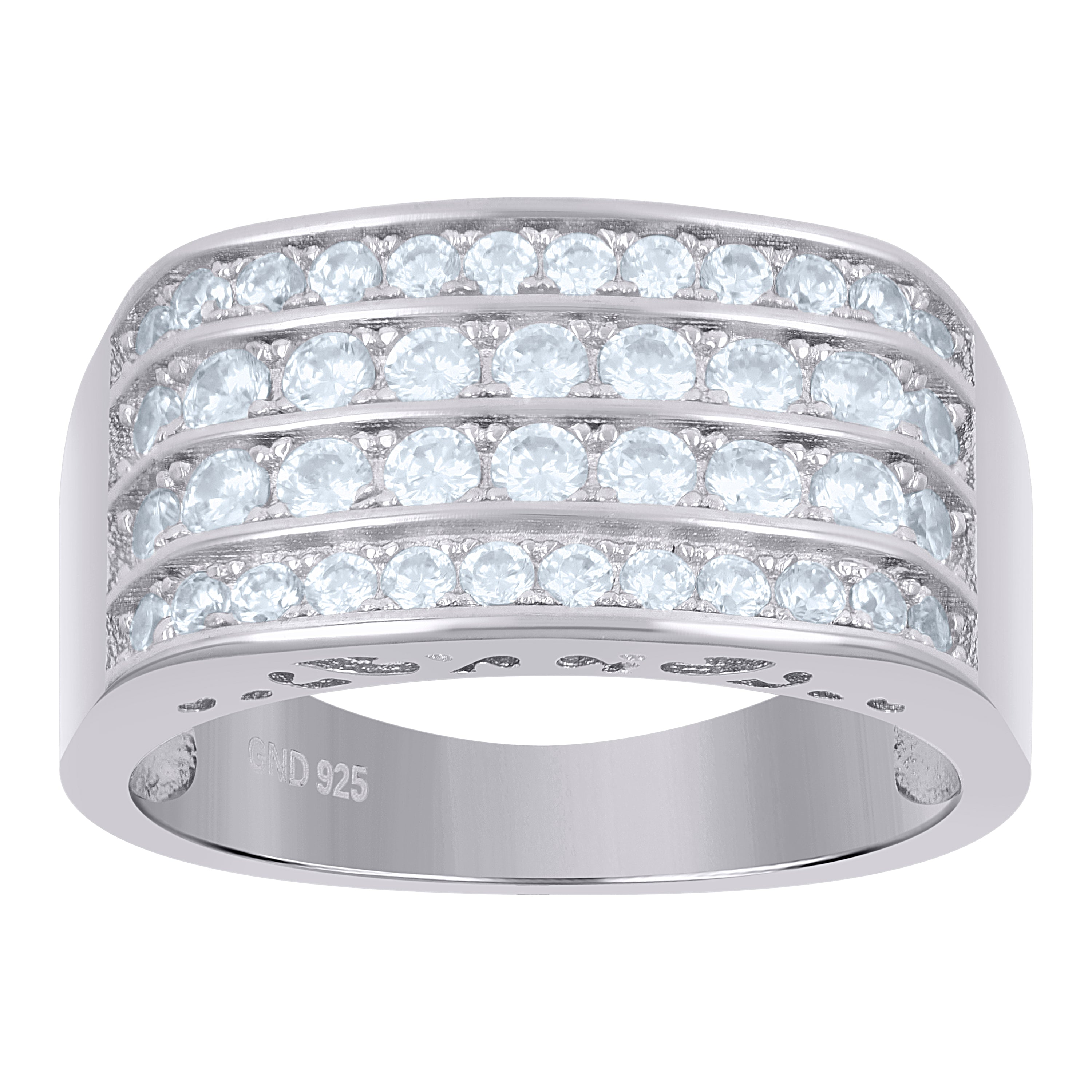 925 Sterling Silver Mens Cubic Zirconia Four Row Size-9 -9.5mm Band Ring - SLV-79678
