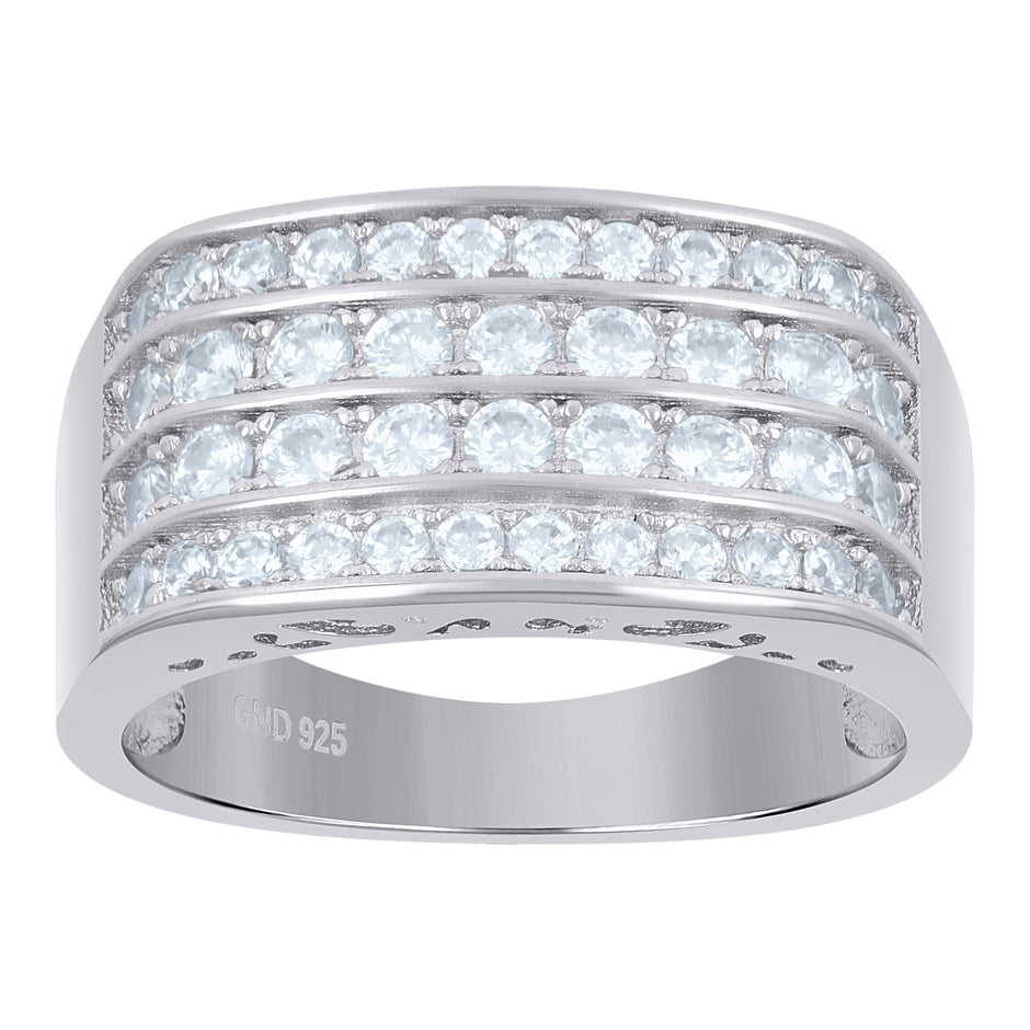 925 Sterling Silver Mens Cubic Zirconia Four Row Size-9 -9.5mm Band Ring - SLV-79678