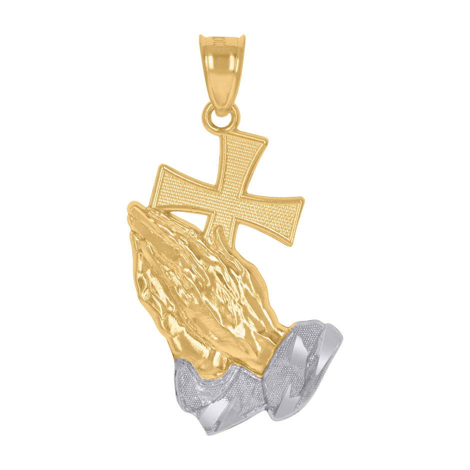 10kt Two-Tone Gold Mens Praying Hands Praying Hands With Cross Religious Charm Pendant