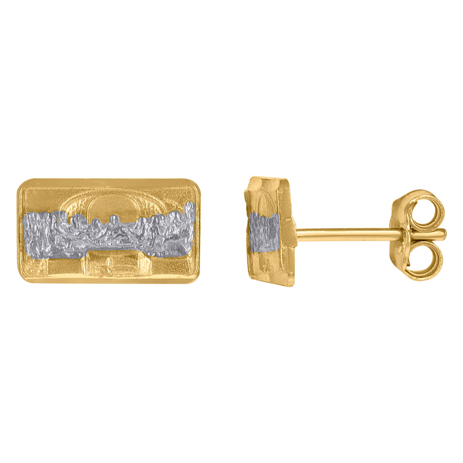 10kt Two-Tone Gold Womens Textured Last Supper Religious Rectangle Stud Earrings