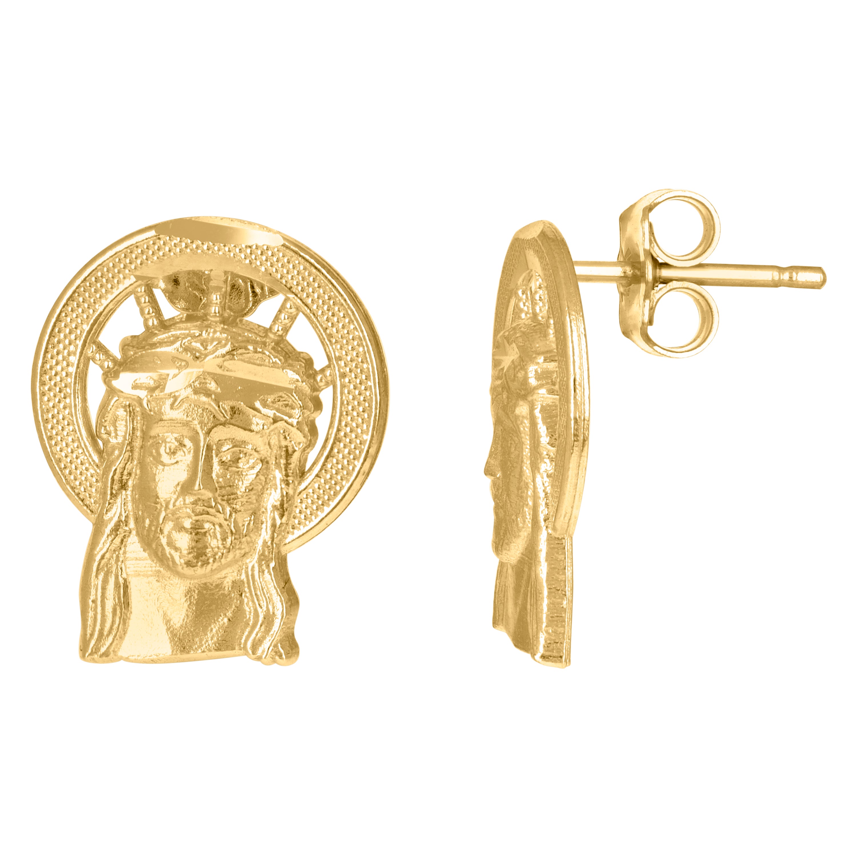 10kt Yellow Gold Womens Textured Jesus Face Religious Stud Earrings