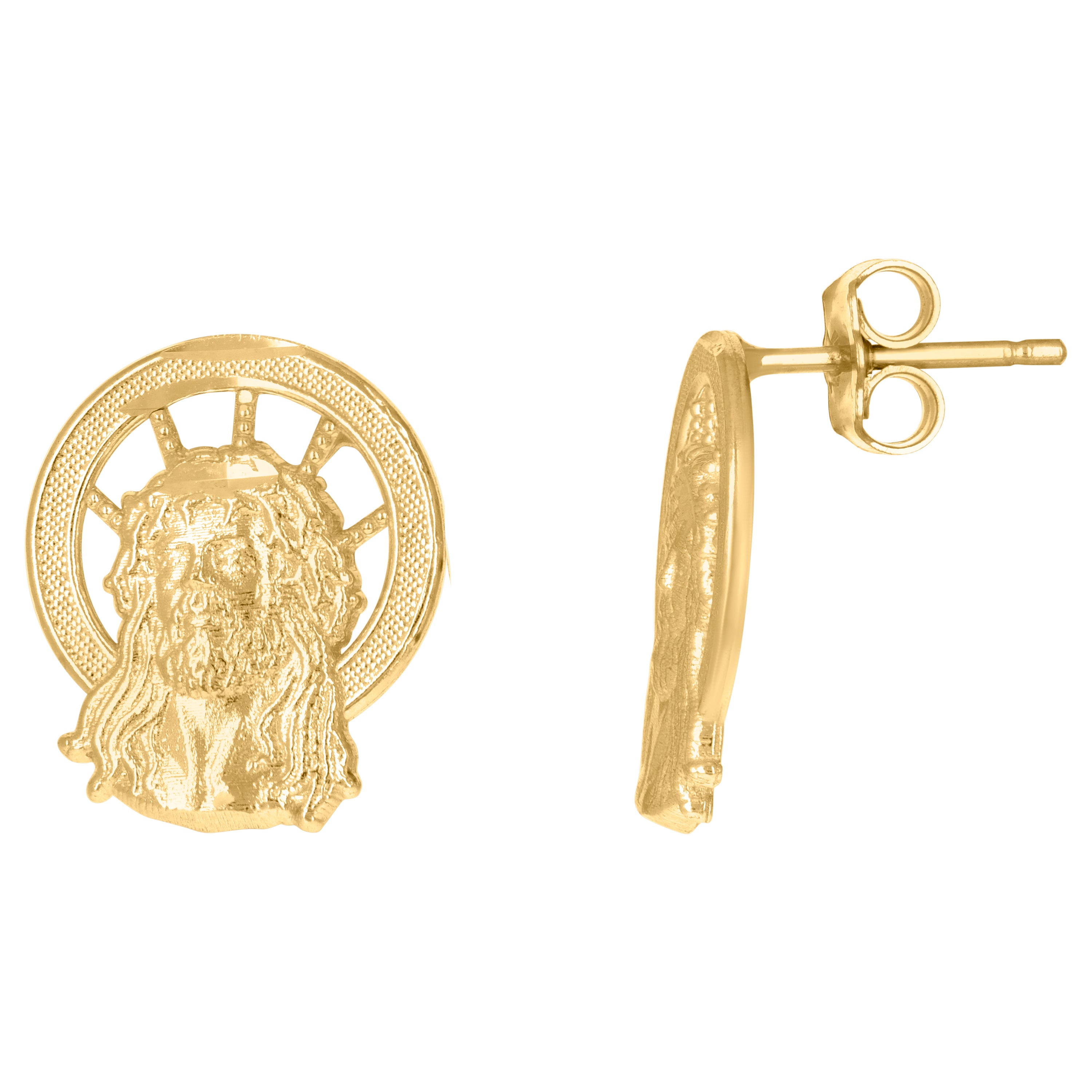 10kt Yellow Gold Womens Textured Jesus Face Religious Stud Earrings