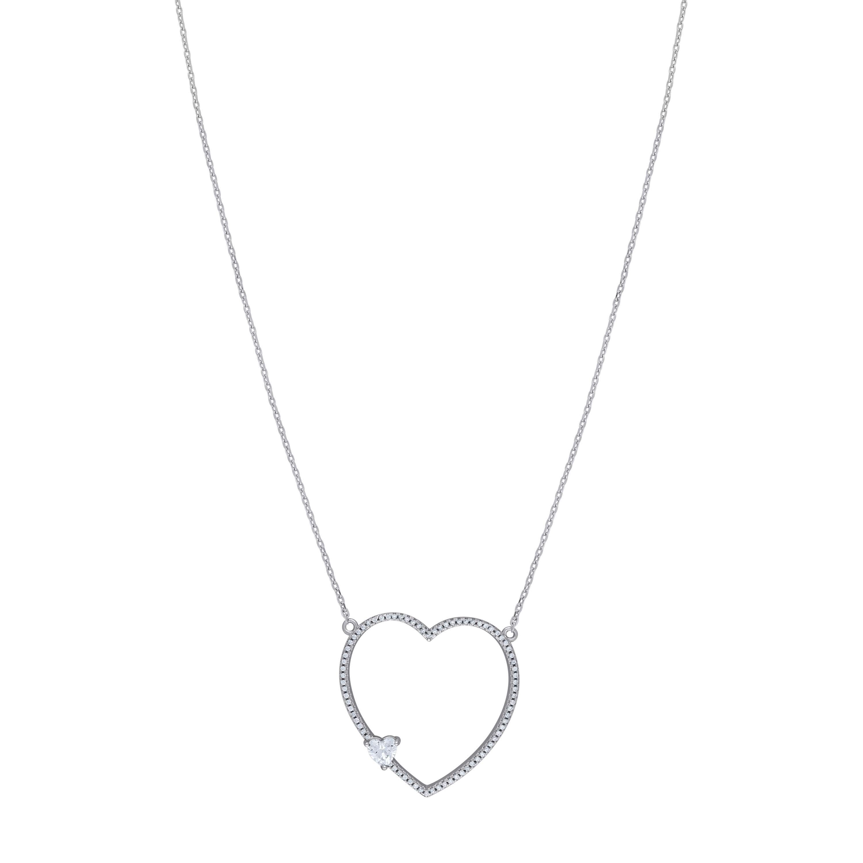 925 Sterling Silver Women Cubic Zirconia Rolo Link Heart Necklace