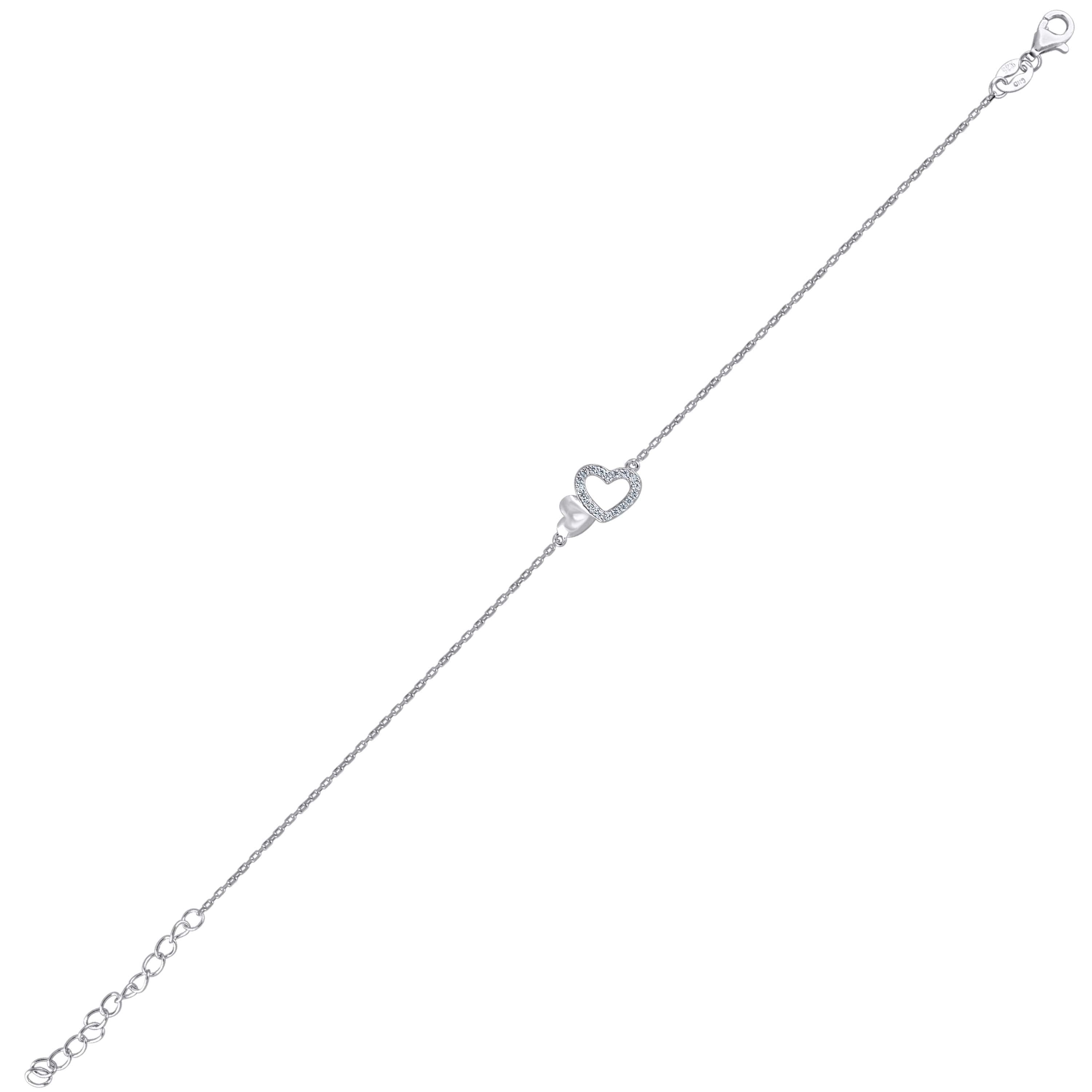 925 Sterling Silver Womens Cubic Zirconia Rolo Link Heart Bracelet