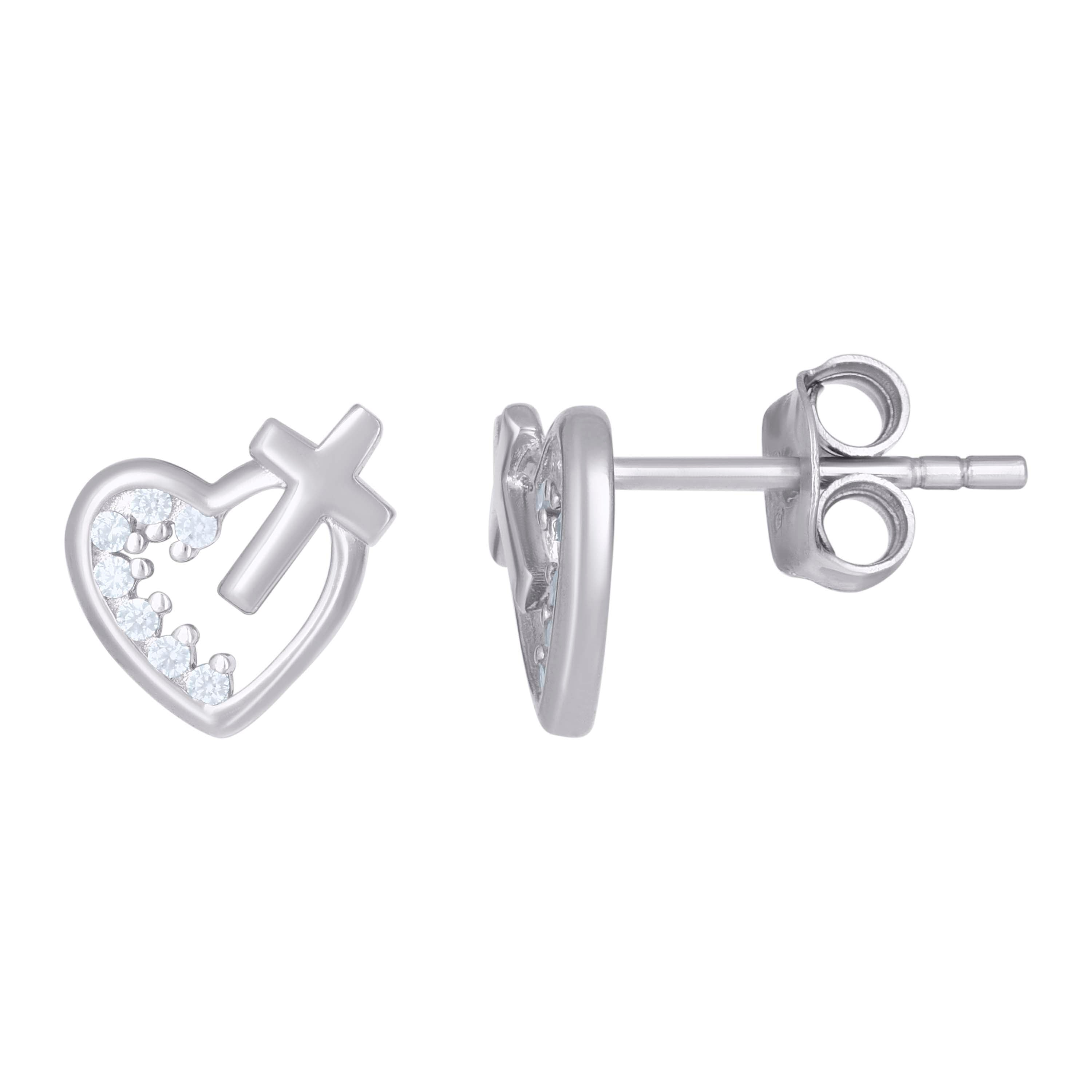 925 Sterling Silver Heart Cross 1.19Gm Womens Stud Earrings